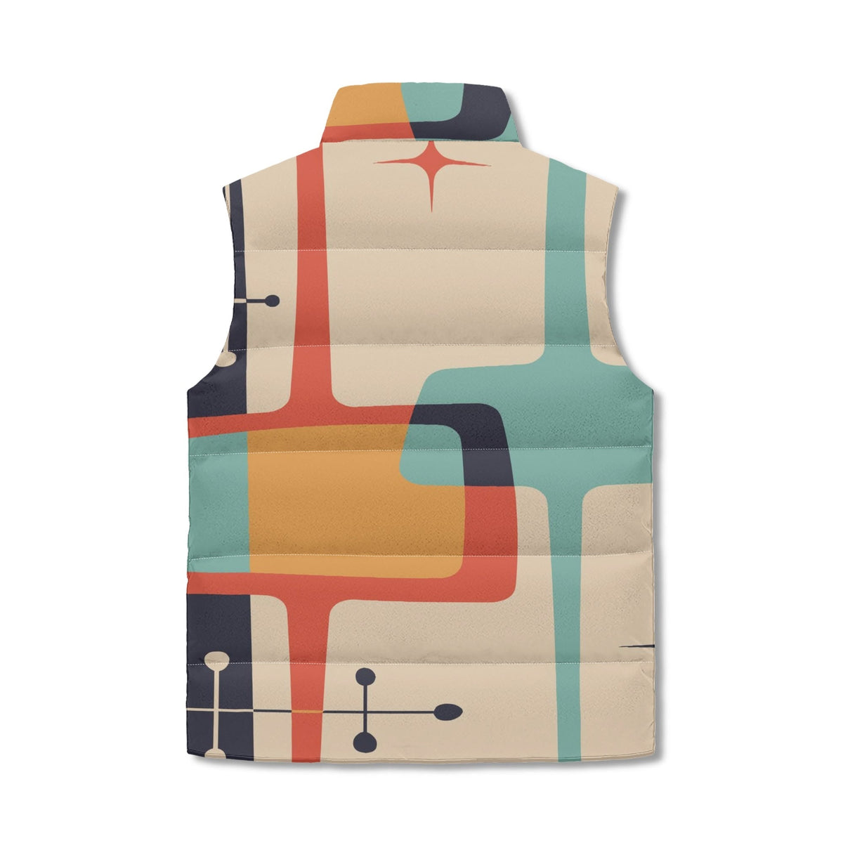 Kate McEnroe New York Atomic Cat Mid Century Modern Puffer Vest, Retro Starburst Geometric Lightweight JacketPuffer JacketsW395640W - 1