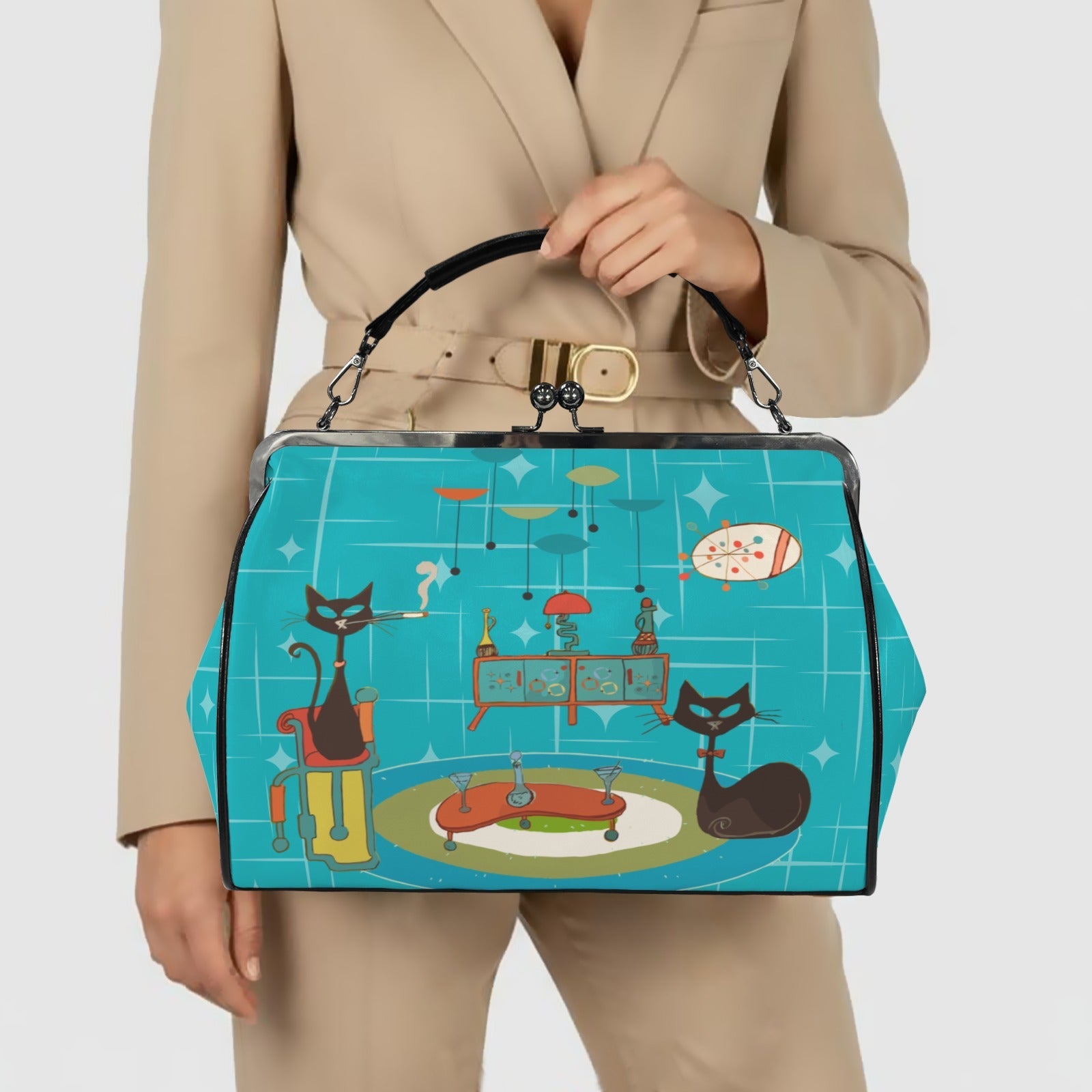 Kate McEnroe New York Atomic Cat Mid Century Modern Retro Lounge Kiss Lock HandbagCrossbody BagsD3233931