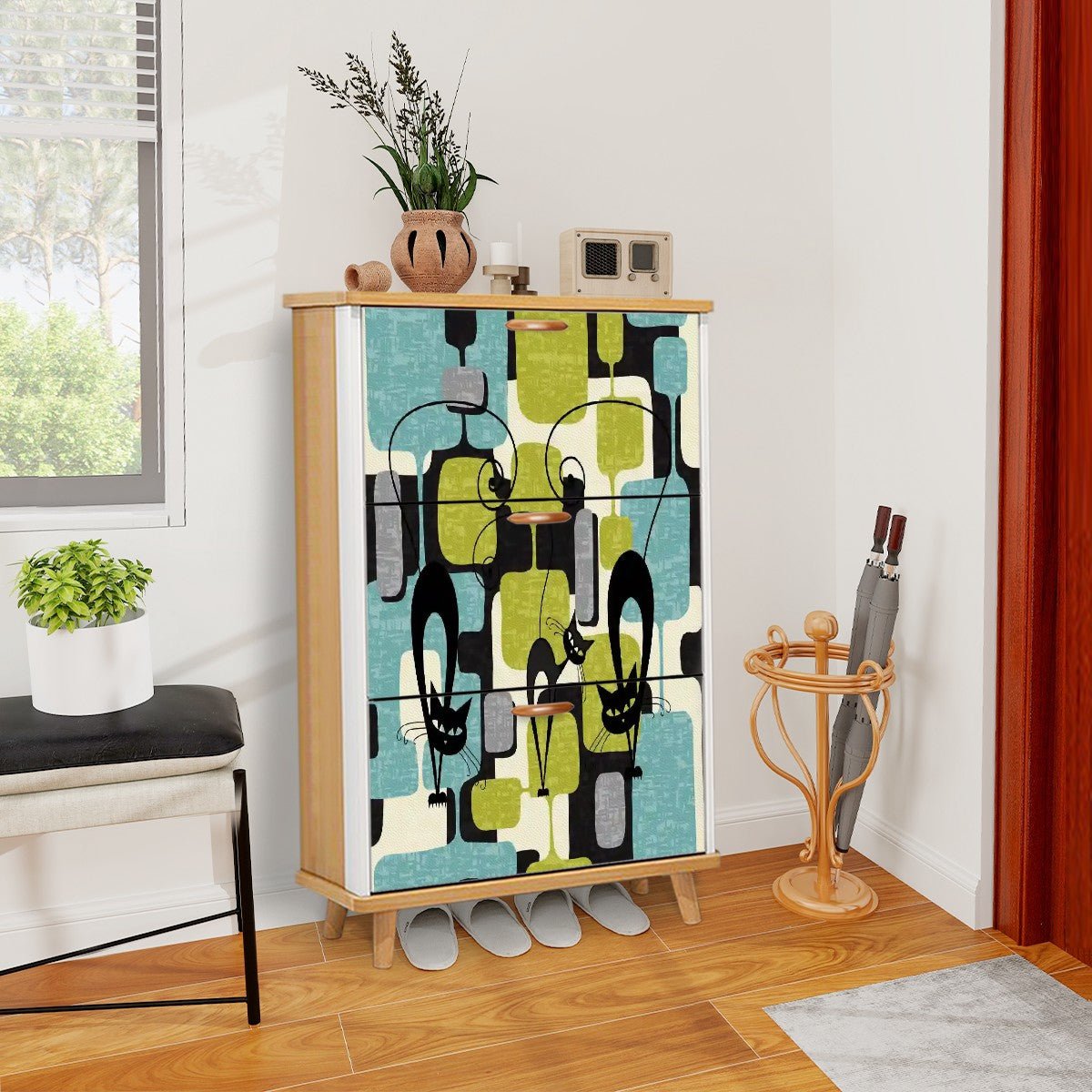 Kate McEnroe New York Atomic Cat Mid Century Modern Shoe Cabinet, Retro Geometric Storage Accent, 50s Abstract FurnitureShoe Storagef9i7p5dgrJ