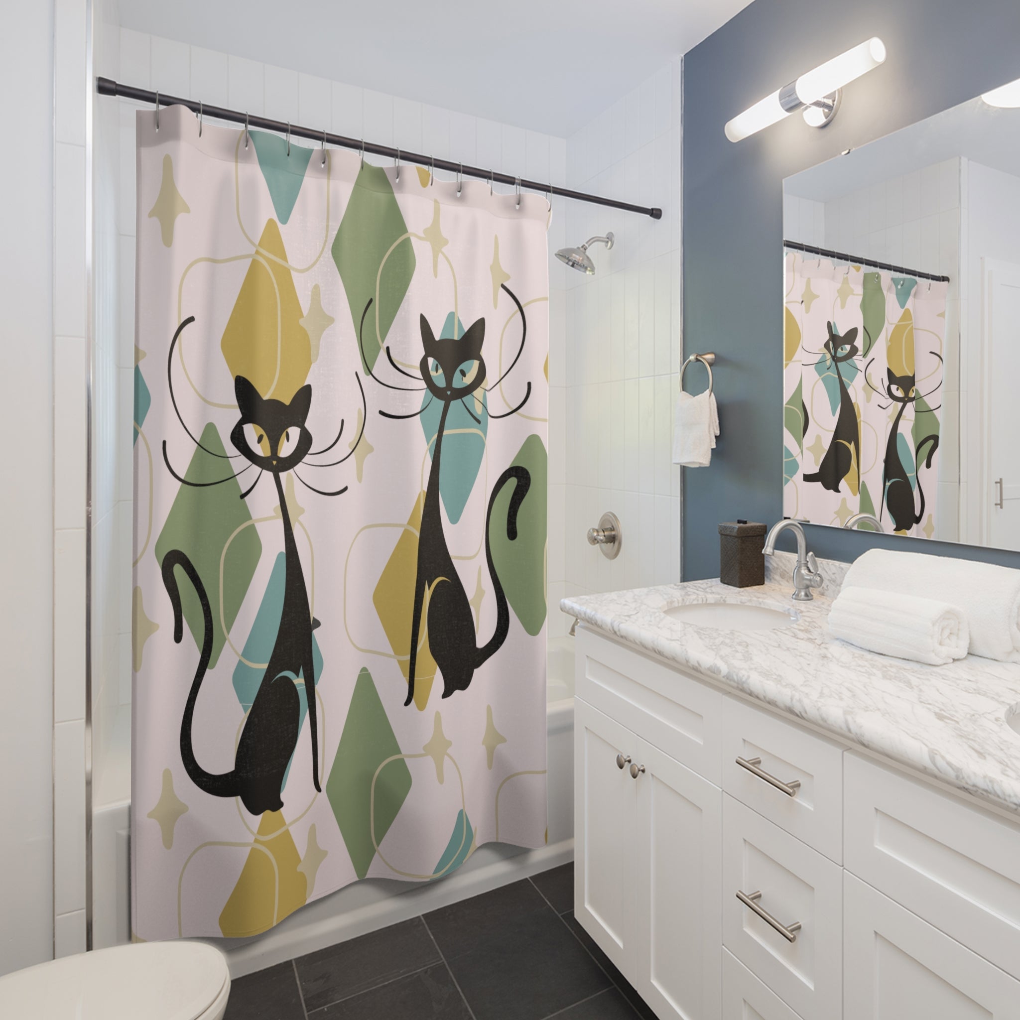 Kate McEnroe New York Atomic Cat Mid Century Modern Shower Curtain, Retro 50s Kitsch Bathroom Decor, Geometric Starburst BathShower Curtains29550789284491380856