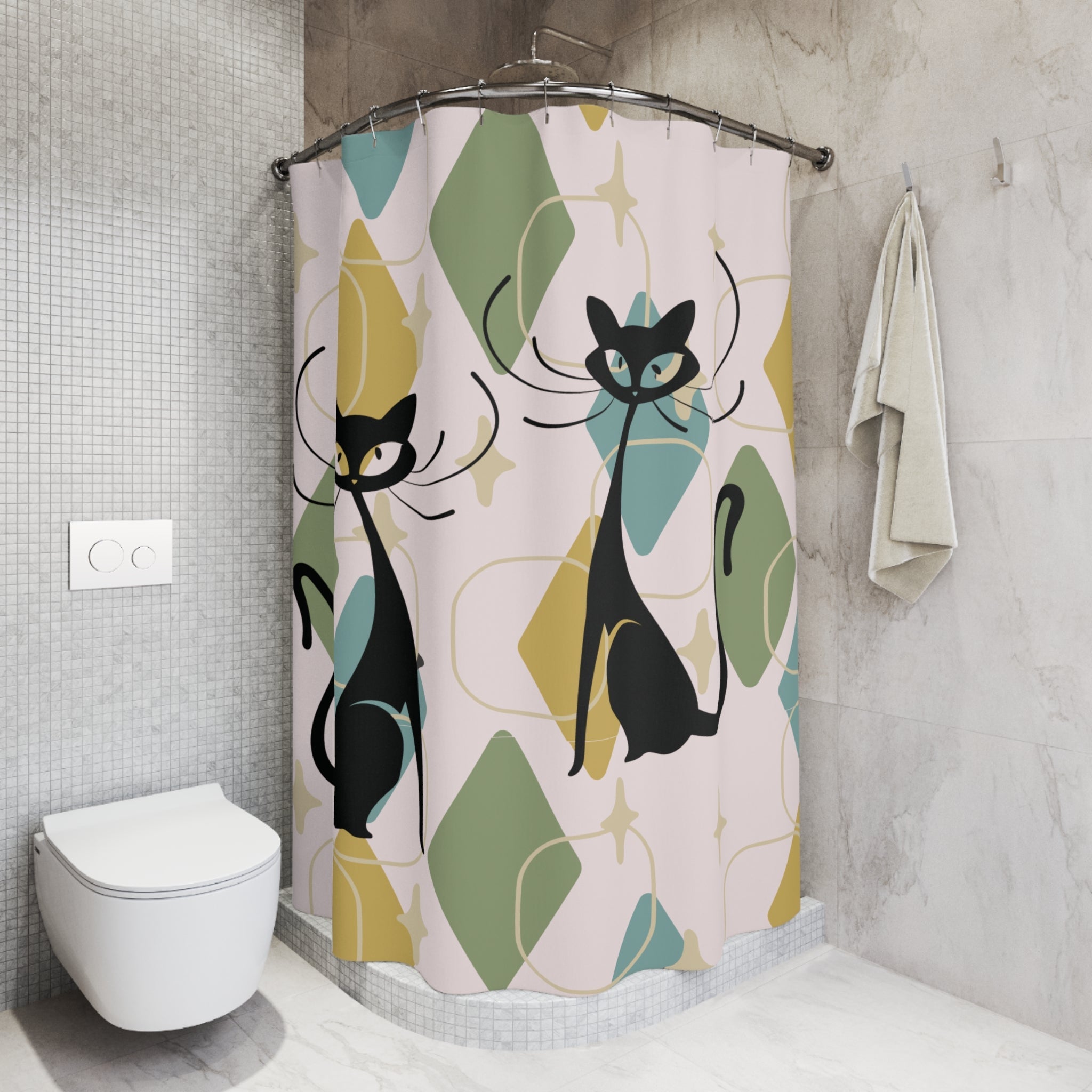 Kate McEnroe New York Atomic Cat Mid Century Modern Shower Curtain, Retro 50s Kitsch Bathroom Decor, Geometric Starburst BathShower Curtains29550789284491380856