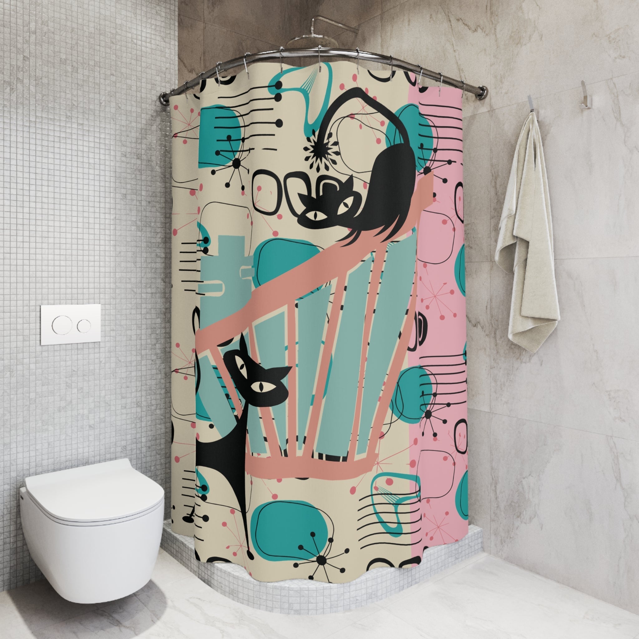 Kate McEnroe New York Atomic Cat Mid Century Modern Shower Curtain, Retro 50s Kitsch Geometric Bathroom DecorShower Curtains15104611232991226683
