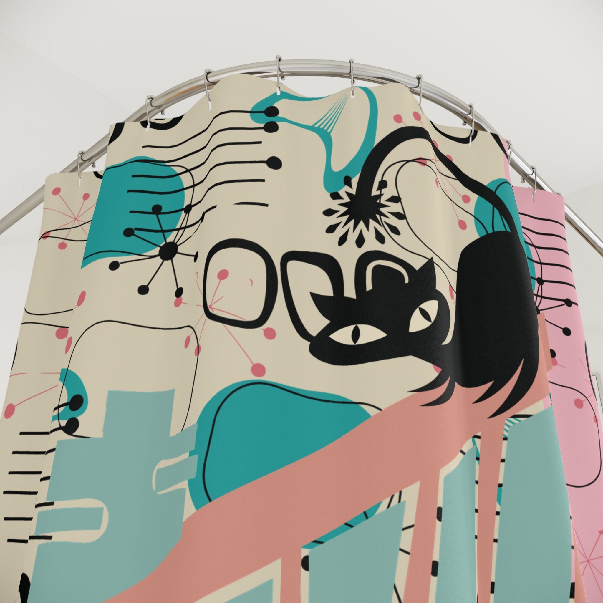Kate McEnroe New York Atomic Cat Mid Century Modern Shower Curtain, Retro 50s Kitsch Geometric Bathroom DecorShower Curtains15104611232991226683