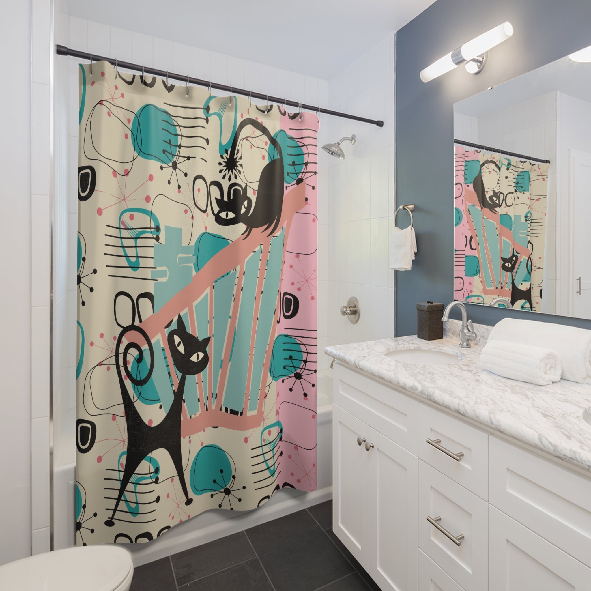 Kate McEnroe New York Atomic Cat Mid Century Modern Shower Curtain, Retro 50s Kitsch Geometric Bathroom DecorShower Curtains15104611232991226683