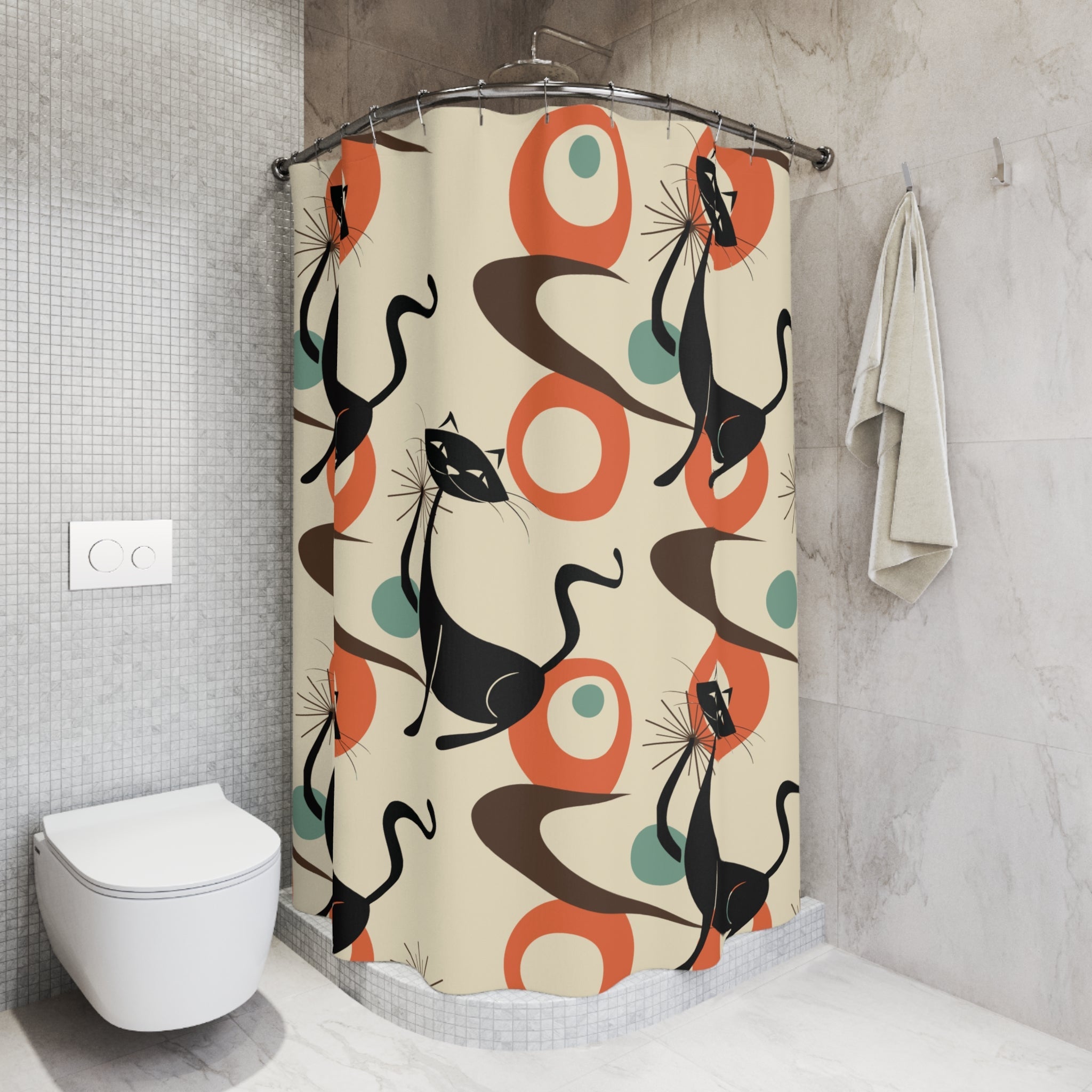 Kate McEnroe New York Atomic Cat Mid Century Modern Shower Curtain, Retro Geometric 50s Kitsch Bathroom DecorShower Curtains77192137699797662596