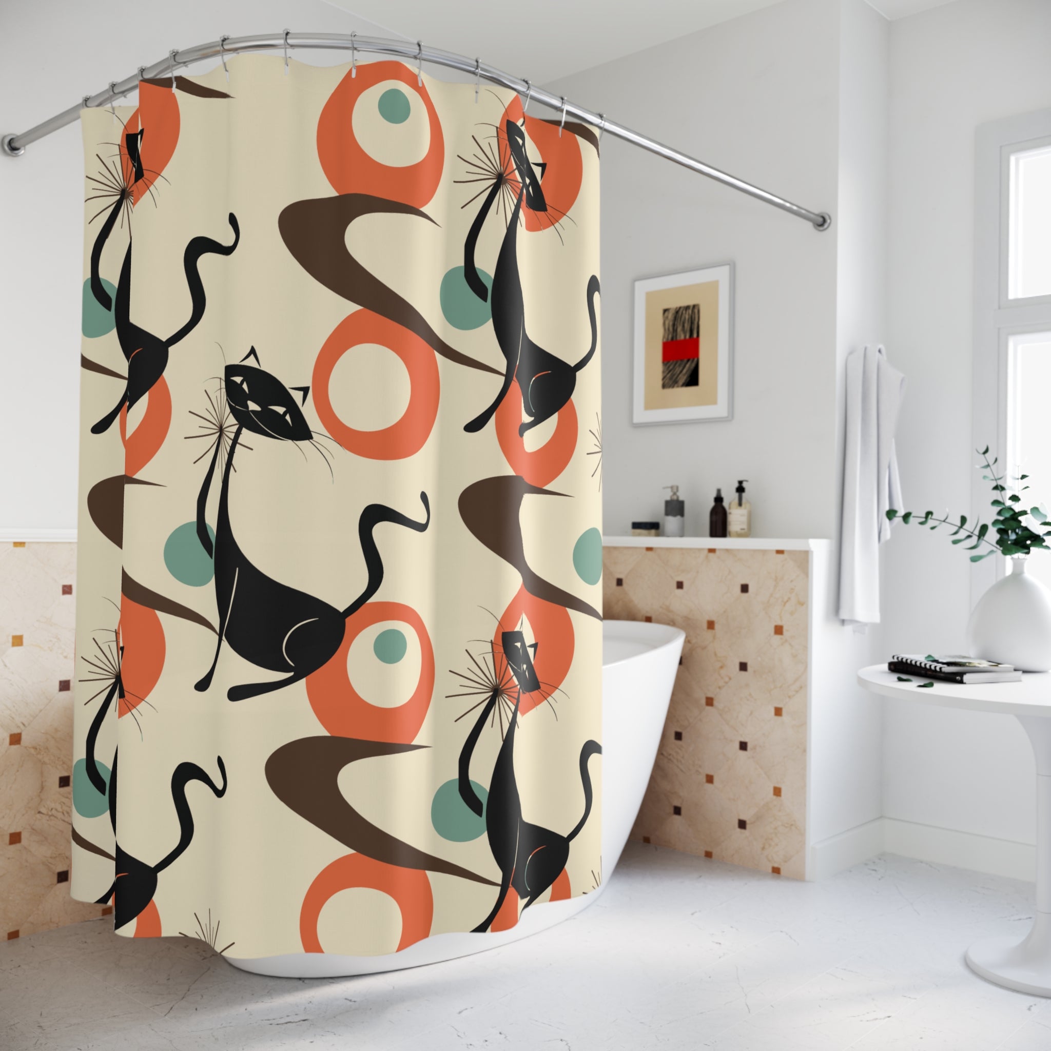 Kate McEnroe New York Atomic Cat Mid Century Modern Shower Curtain, Retro Geometric 50s Kitsch Bathroom DecorShower Curtains77192137699797662596