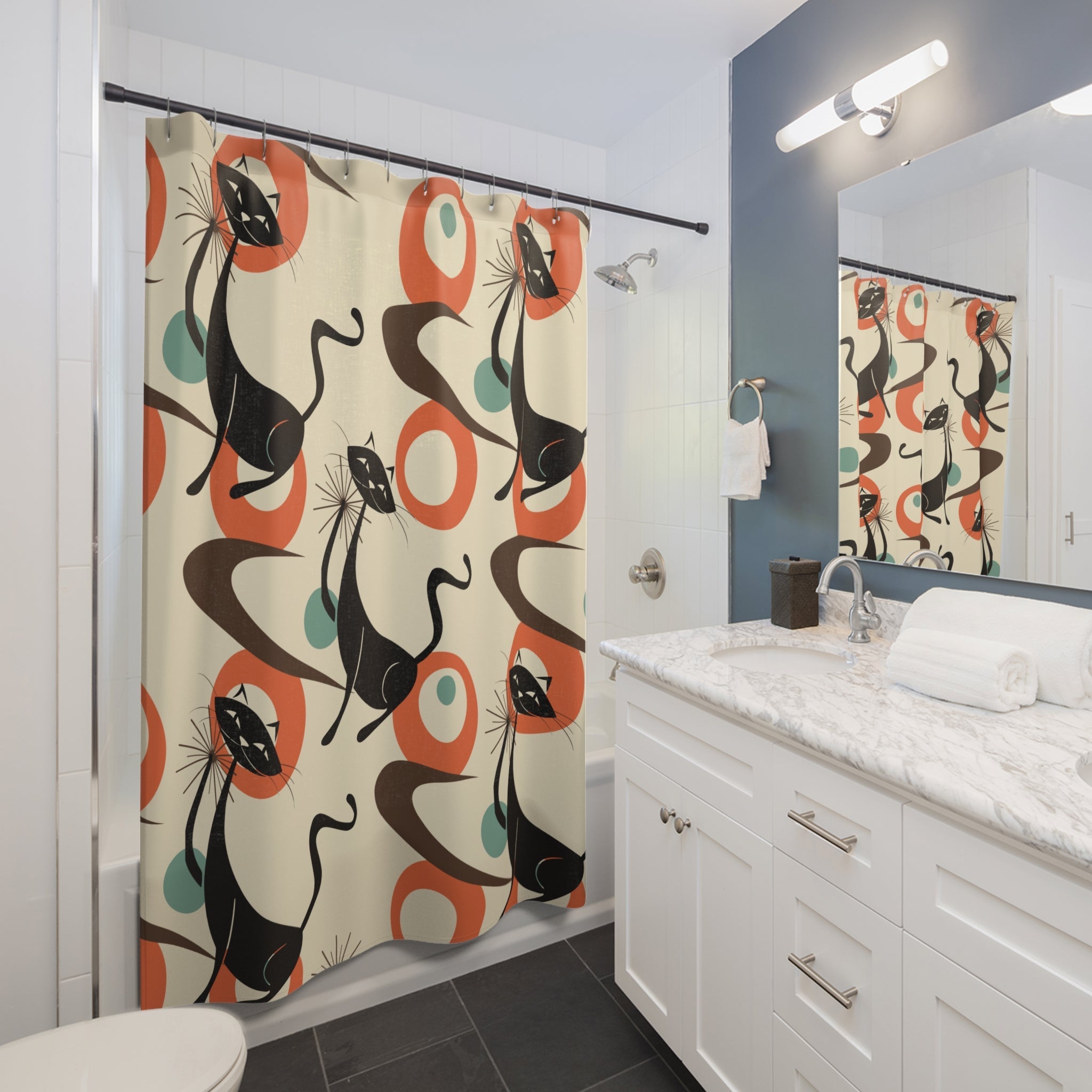 Kate McEnroe New York Atomic Cat Mid Century Modern Shower Curtain, Retro Geometric 50s Kitsch Bathroom DecorShower Curtains77192137699797662596