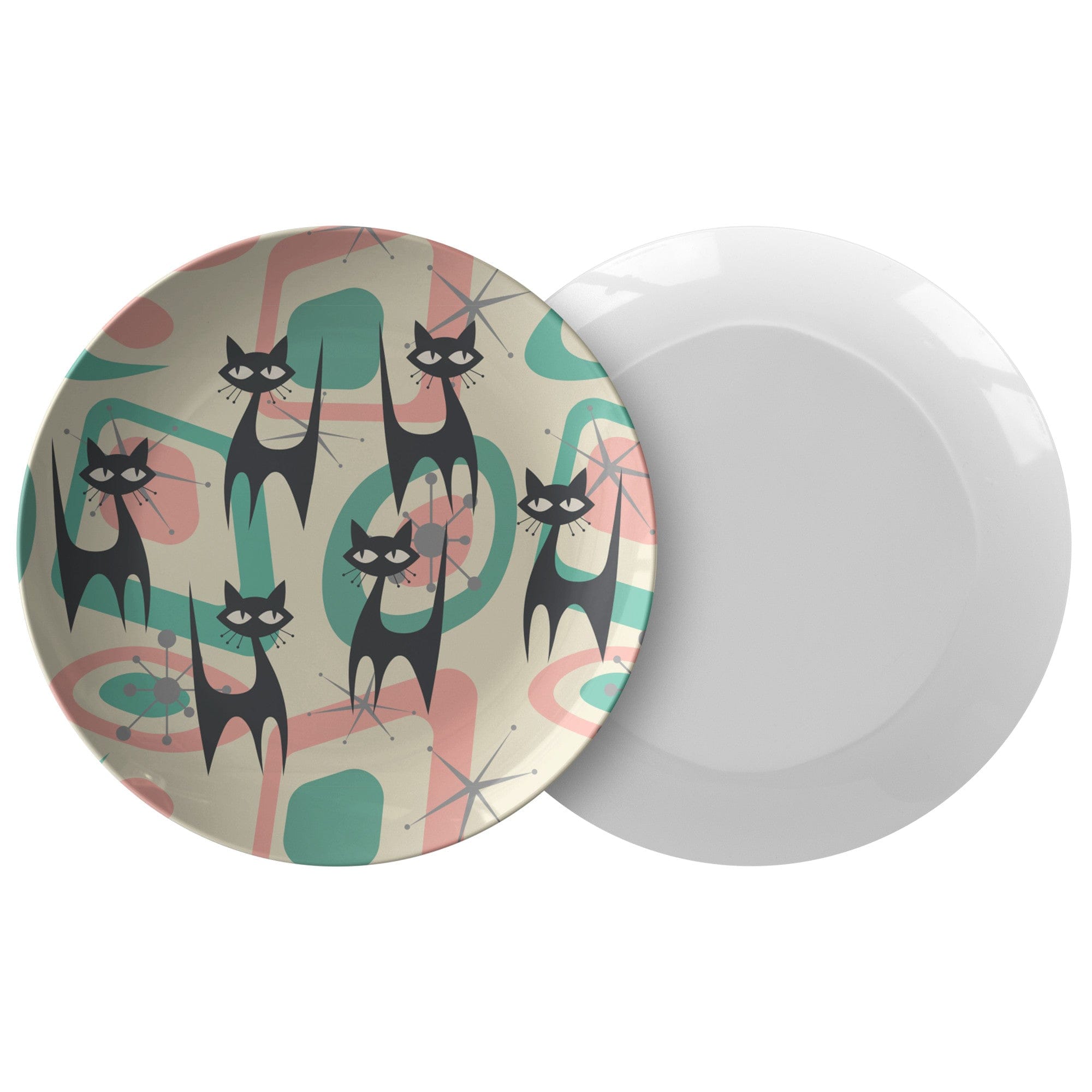 Kate McEnroe New York Atomic Cat Mid Century Modern Starburst Dinner Plate, 60s Retro Geometric Pink, Mint, Gray MCM DishesPlates9820SINGLE