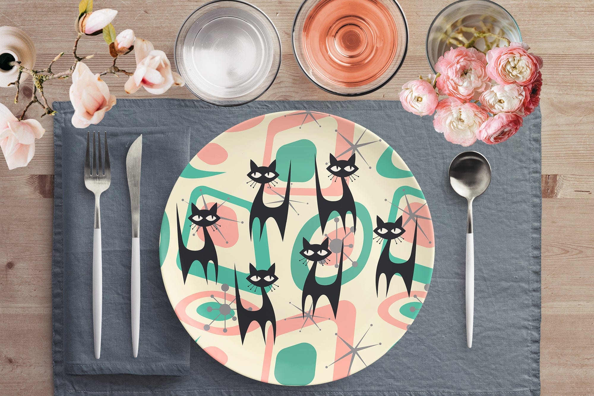 Kate McEnroe New York Atomic Cat Mid Century Modern Starburst Dinner Plate, 60s Retro Geometric Pink, Mint, Gray MCM DishesPlates9820SINGLE