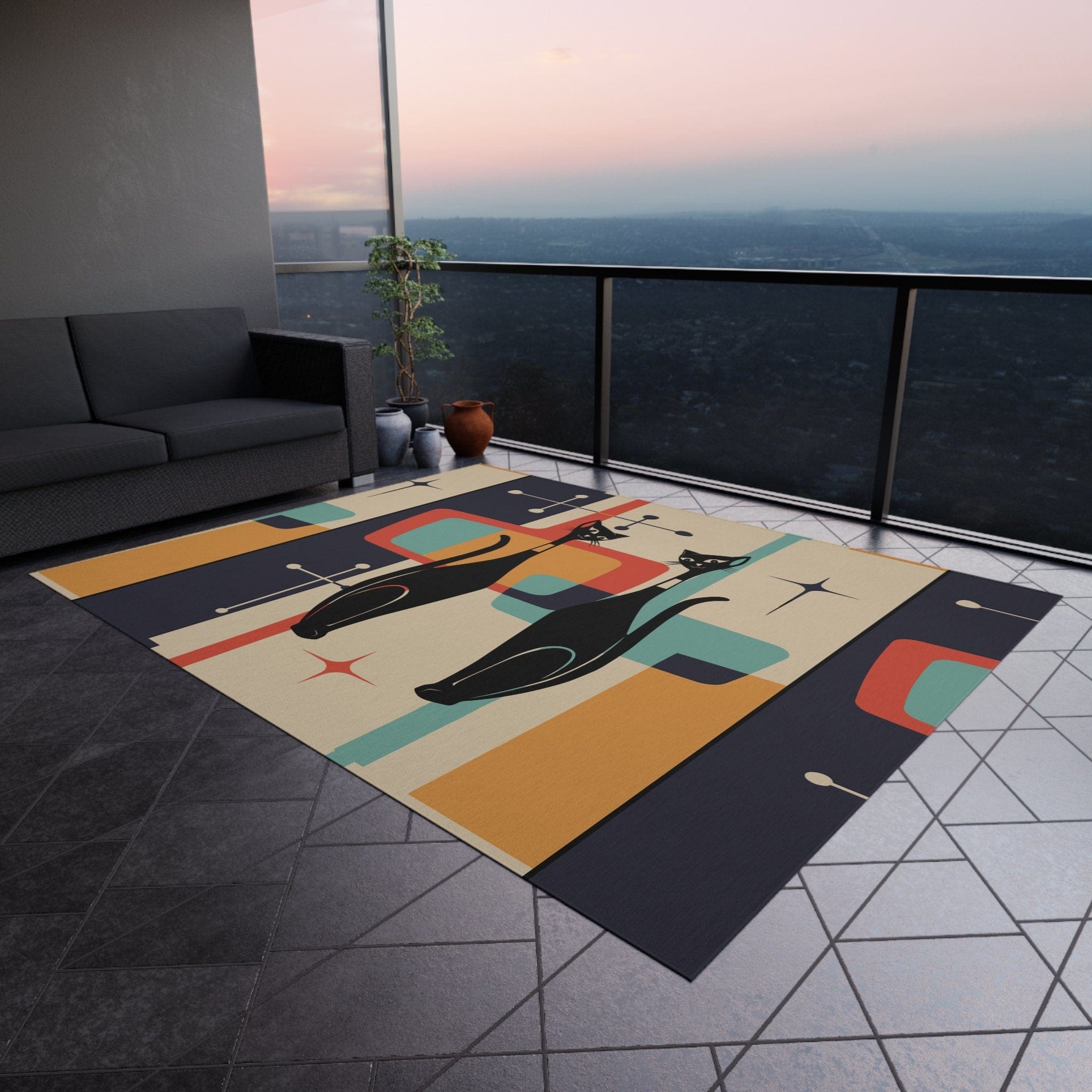 Kate McEnroe New York Atomic Cat Mid Century Modern Starburst Indoor - Outdoor Rug, Beige, Teal, Geometric Abstract Porch Rug, Retro Patio Rug, MCM Home DecorRugs22297939297762758872