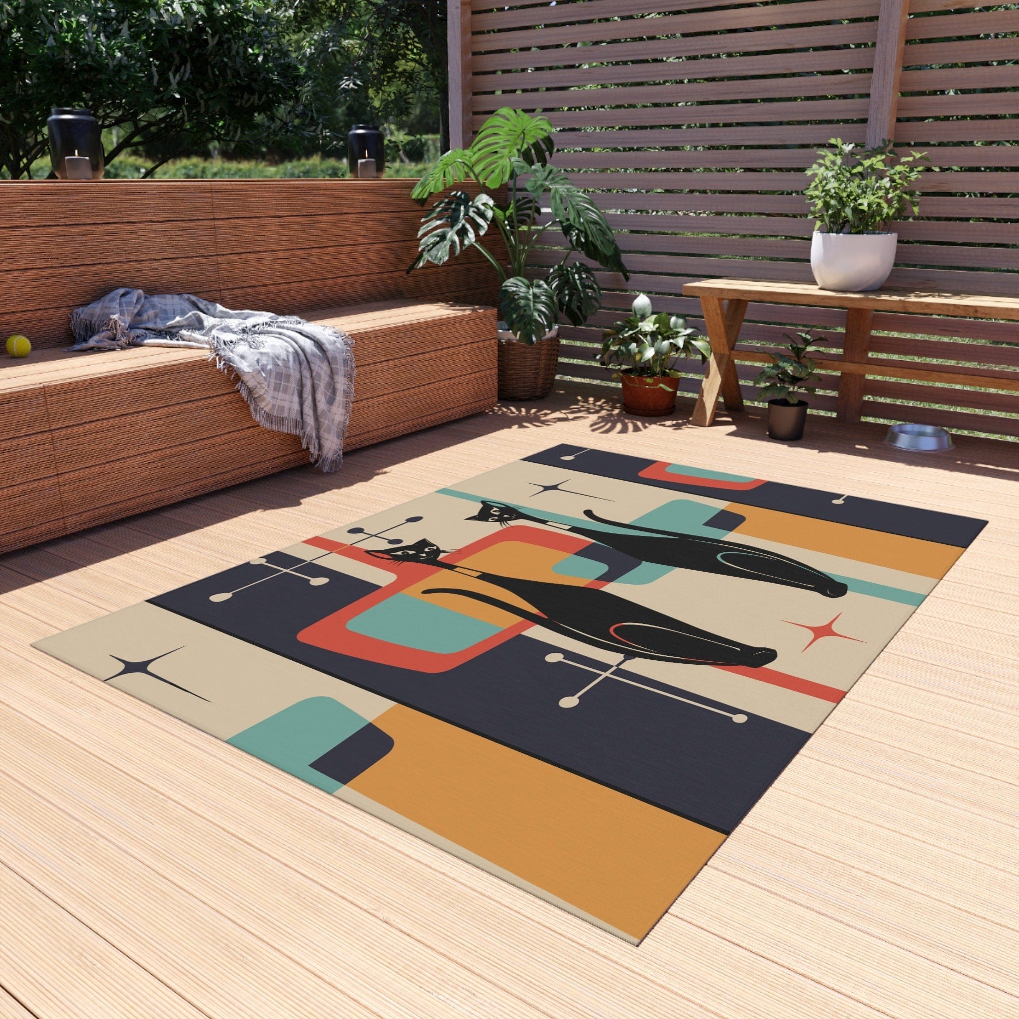 Kate McEnroe New York Atomic Cat Mid Century Modern Starburst Indoor - Outdoor Rug, Beige, Teal, Geometric Abstract Porch Rug, Retro Patio Rug, MCM Home DecorRugs22297939297762758872