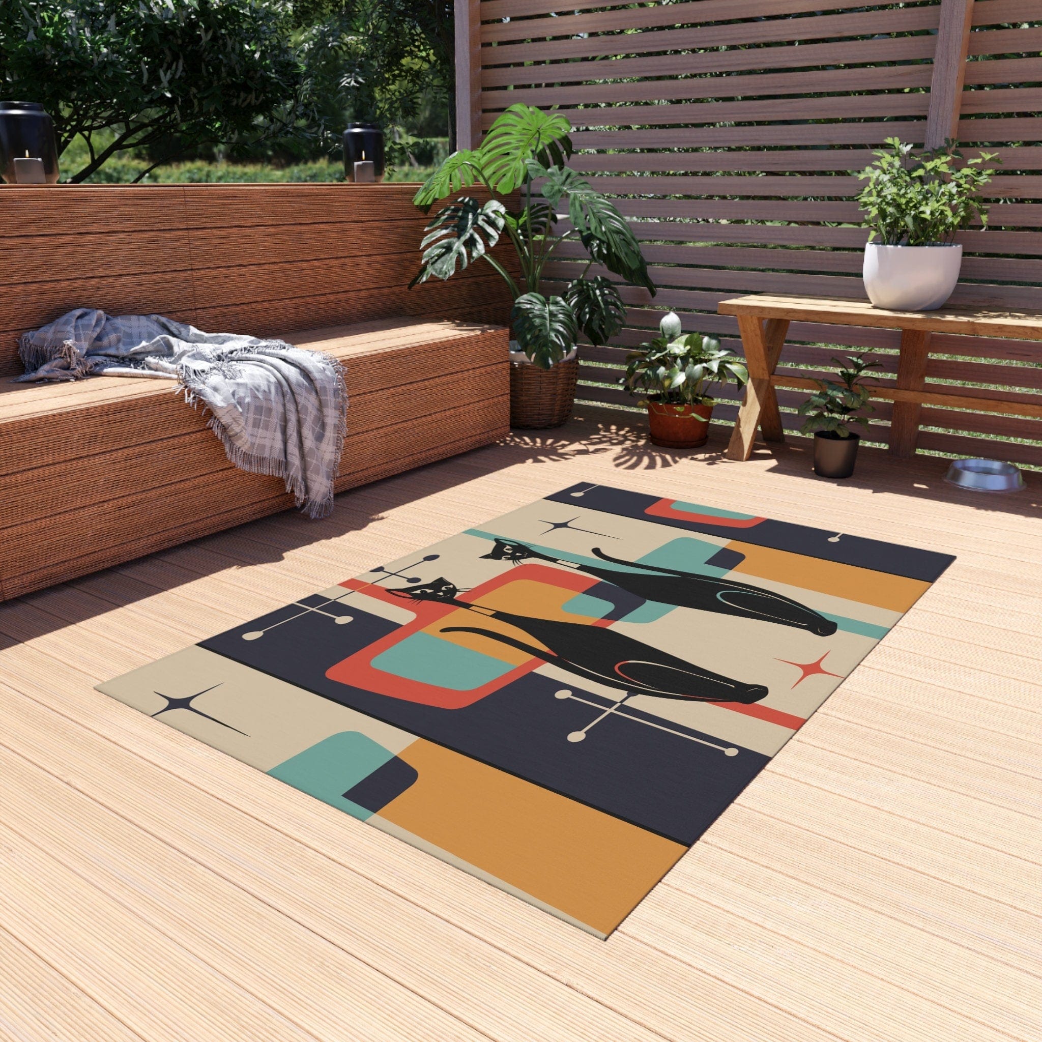 Kate McEnroe New York Atomic Cat Mid Century Modern Starburst Indoor - Outdoor Rug, Beige, Teal, Geometric Abstract Porch Rug, Retro Patio Rug, MCM Home DecorRugs22297939297762758872