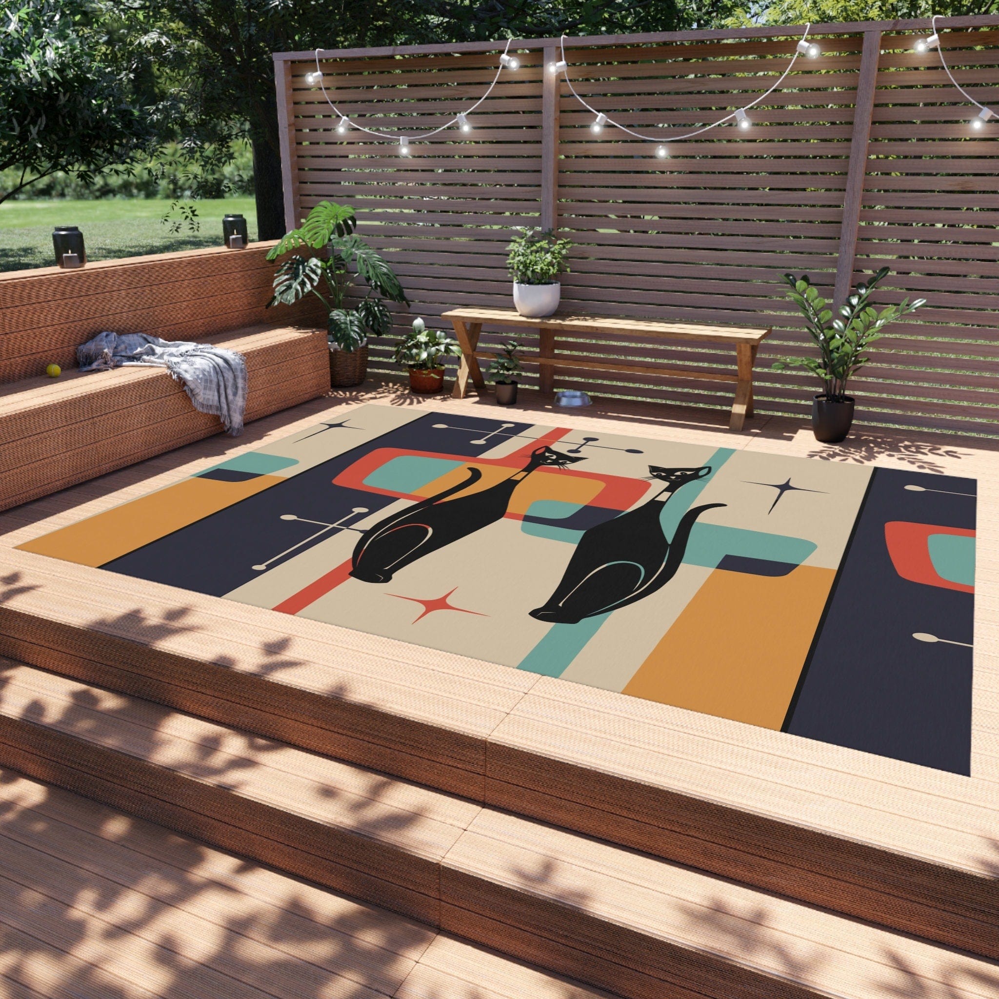 Kate McEnroe New York Atomic Cat Mid Century Modern Starburst Indoor - Outdoor Rug, Beige, Teal, Geometric Abstract Porch Rug, Retro Patio Rug, MCM Home DecorRugs22297939297762758872