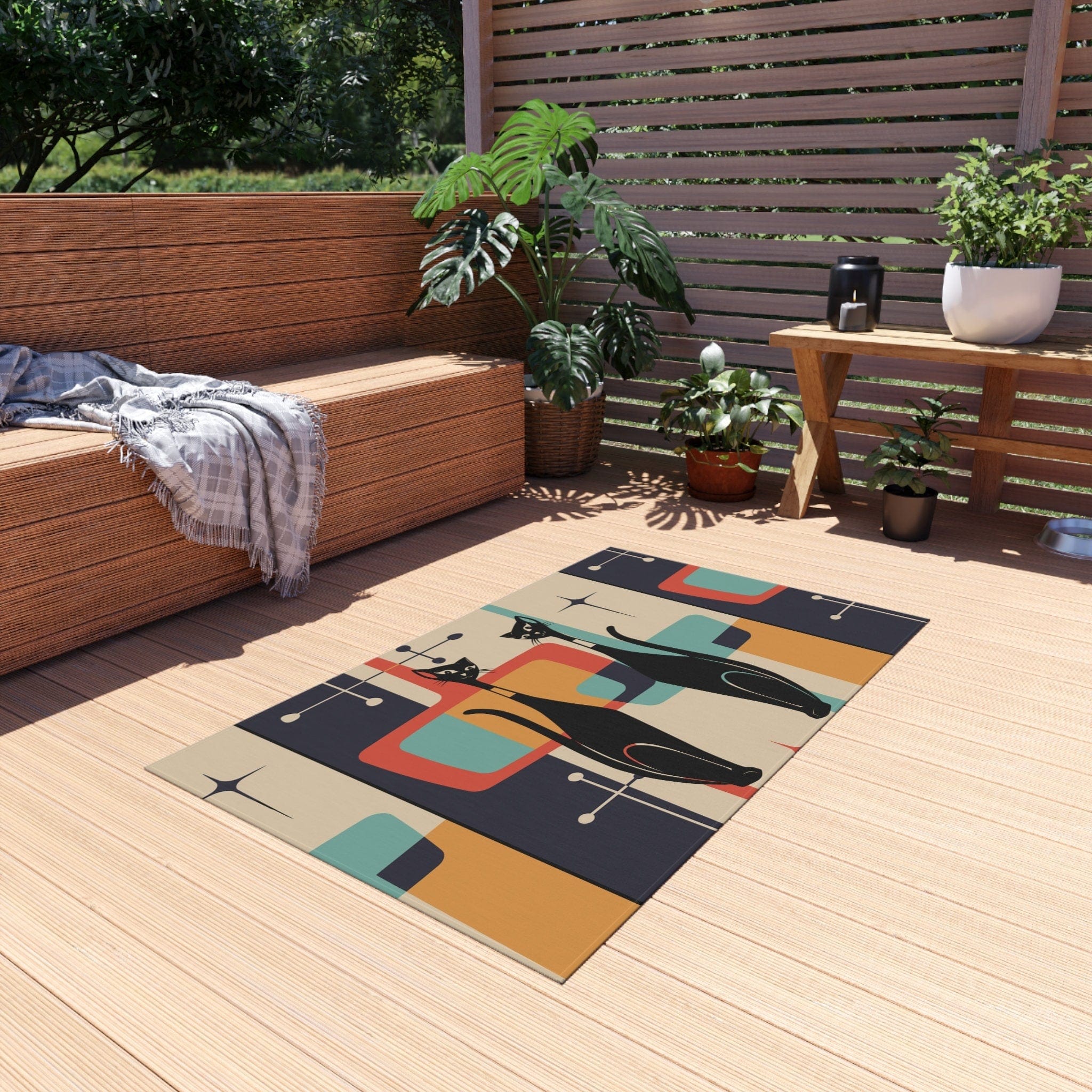 Kate McEnroe New York Atomic Cat Mid Century Modern Starburst Indoor - Outdoor Rug, Beige, Teal, Geometric Abstract Porch Rug, Retro Patio Rug, MCM Home DecorRugs22297939297762758872