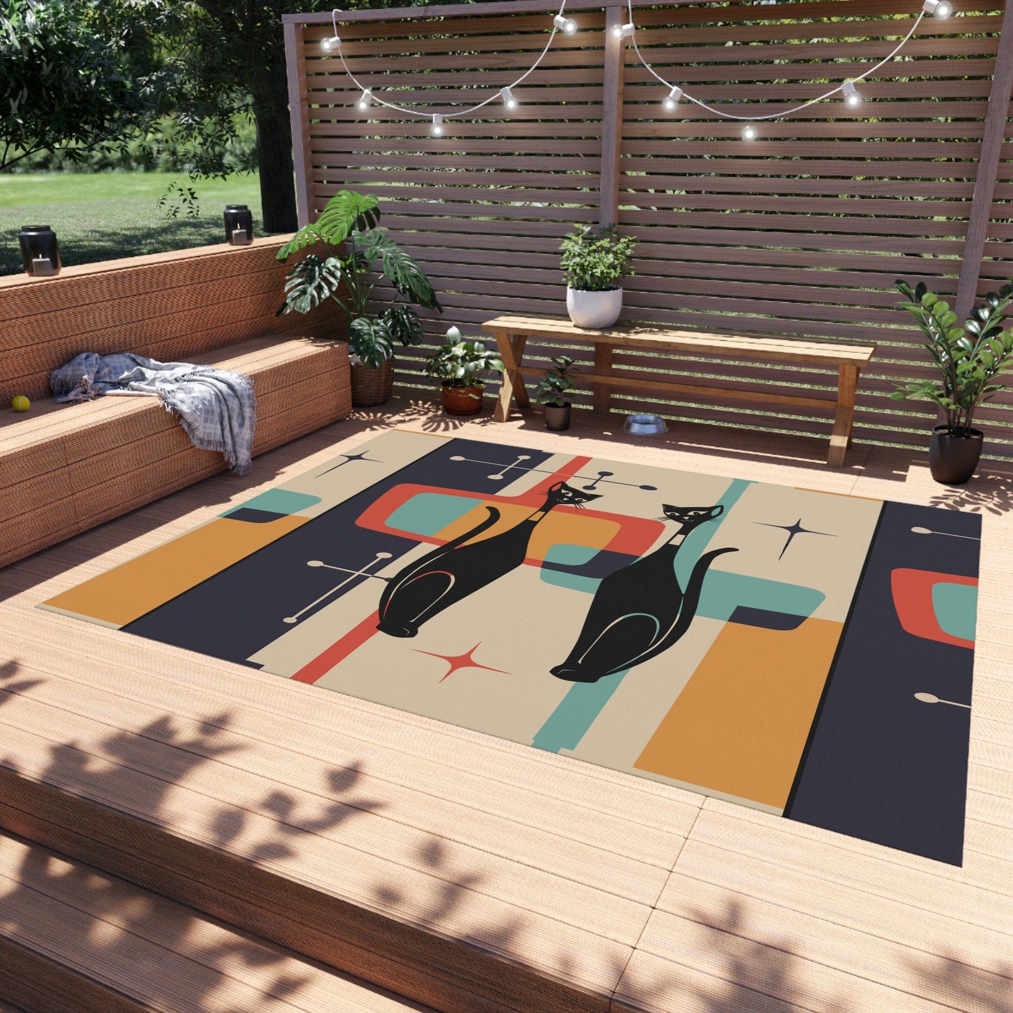 Kate McEnroe New York Atomic Cat Mid Century Modern Starburst Indoor - Outdoor Rug, Beige, Teal, Geometric Abstract Porch Rug, Retro Patio Rug, MCM Home DecorRugs22297939297762758872