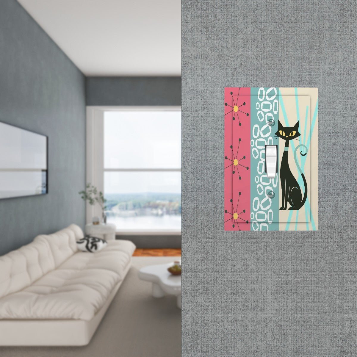 Kate McEnroe New York Atomic Cat Mid Century Modern Switch Plate, Retro 50s Starburst Wall Cover, Pink Aqua Mod Light SwitchSwitch Plates9c7RAFAEjC