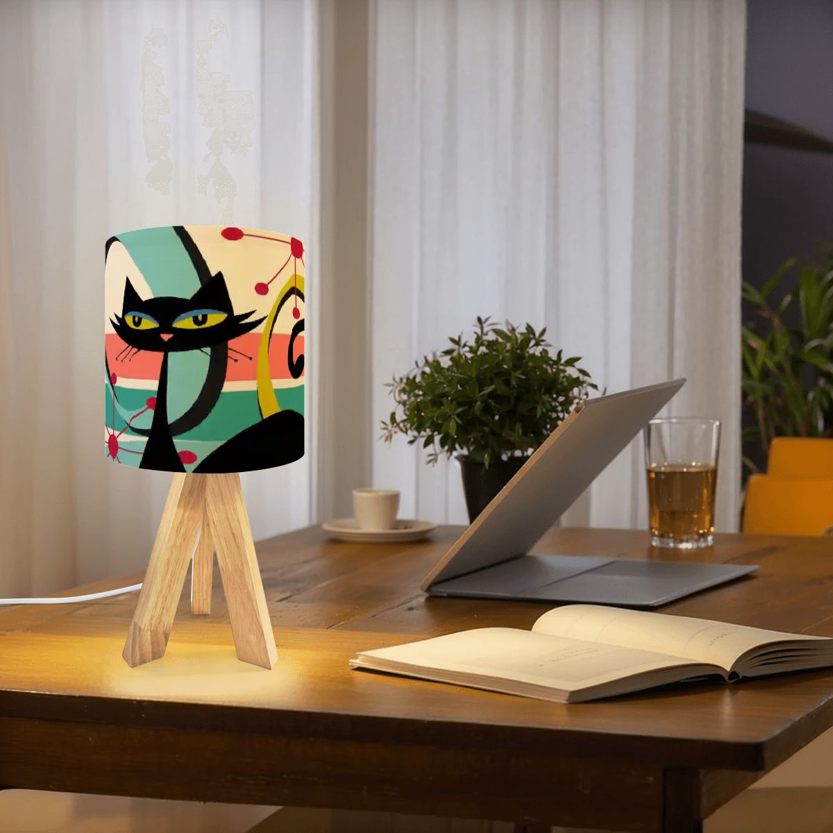 Kate McEnroe New York Atomic Cat Mid Century Modern Table Lamp, Retro 50s Kitsch, Atomic Age Accent Light, MCM Tripod Desk LampTable LampsYGROgITqr8