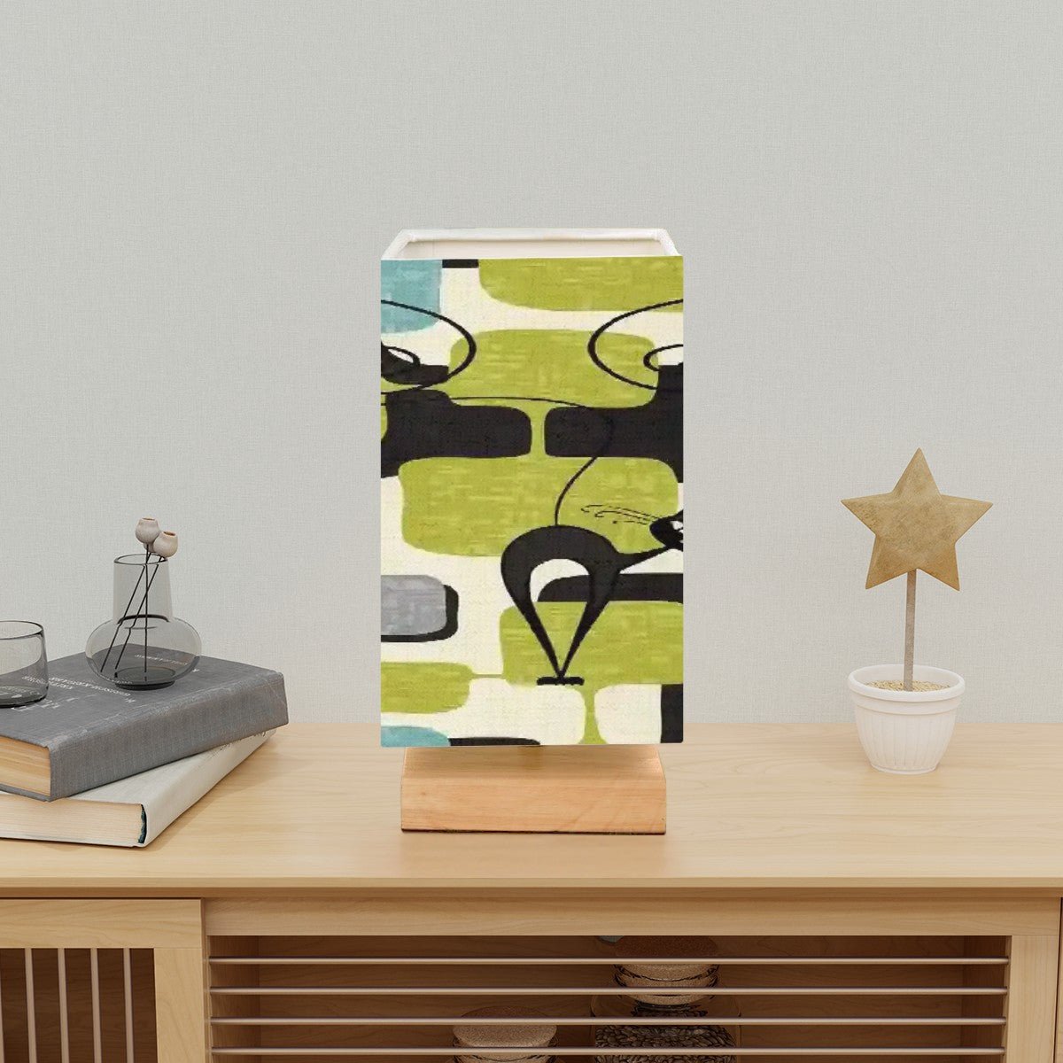 Kate McEnroe New York Atomic Cat Mid Century Modern Table Lamp, Retro Kitsch Green Blue Geometric LightTable LampshgQ9OEW2Y4