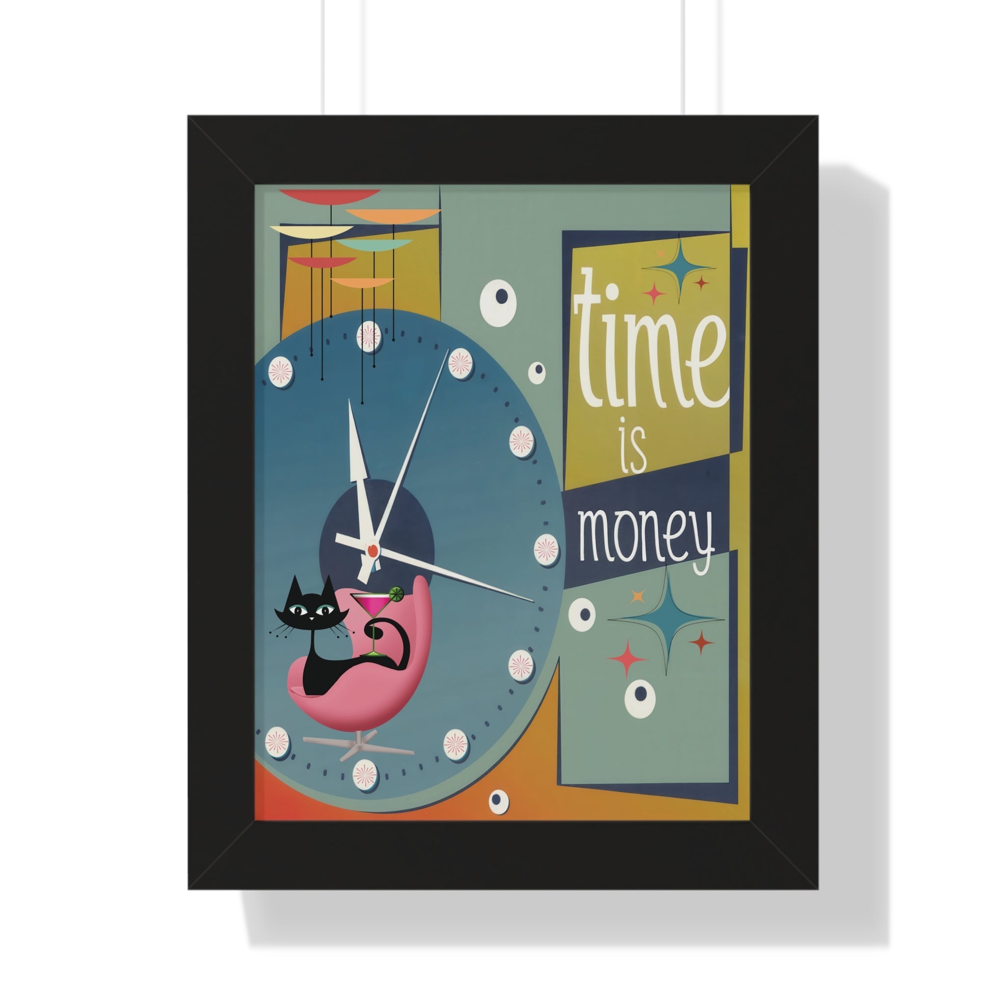 Kate McEnroe New York Atomic Cat Mid Century Modern Time is Money Framed Vertical Poster, Retro 50s Wall Art, MCM Clock Starburst DecorPoster25953838905954356978