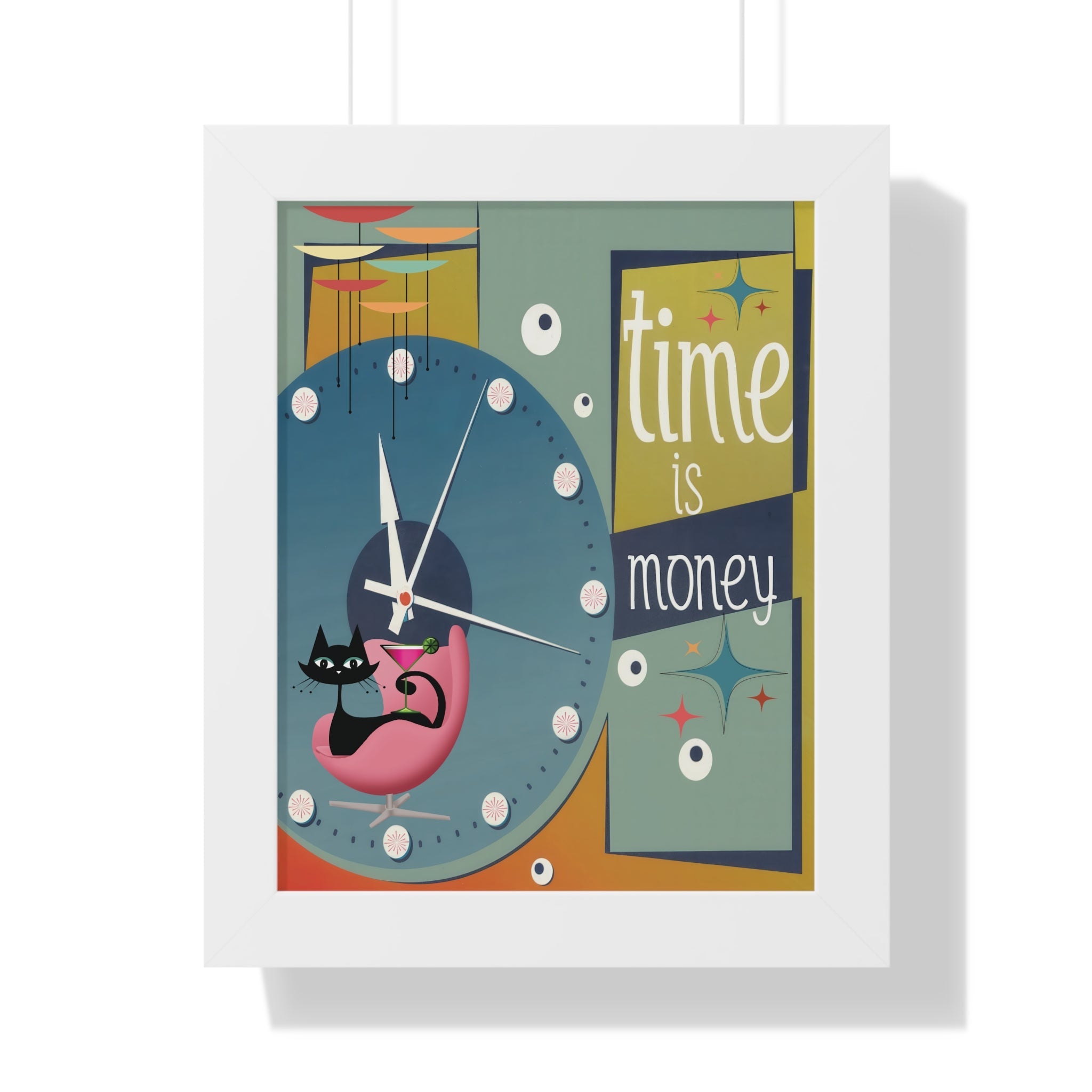 Kate McEnroe New York Atomic Cat Mid Century Modern Time is Money Framed Vertical Poster, Retro 50s Wall Art, MCM Clock Starburst DecorPoster25953838905954356978