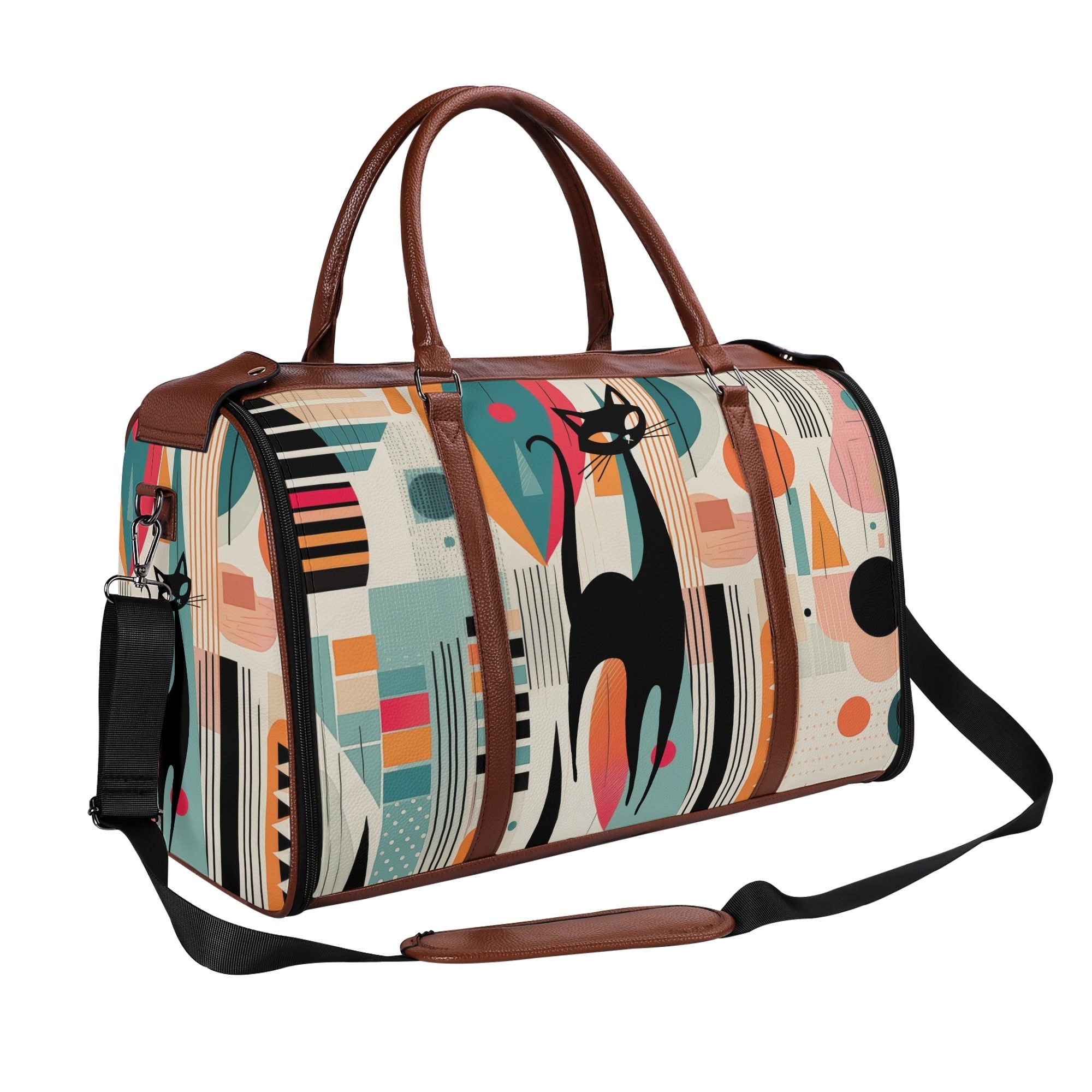 Kate McEnroe New York Atomic Cat Mid Century Modern Travel Bag, Retro 50s Geometric Duffel, Space Age Carry - OnDuffel BagsNM6439EW - 1