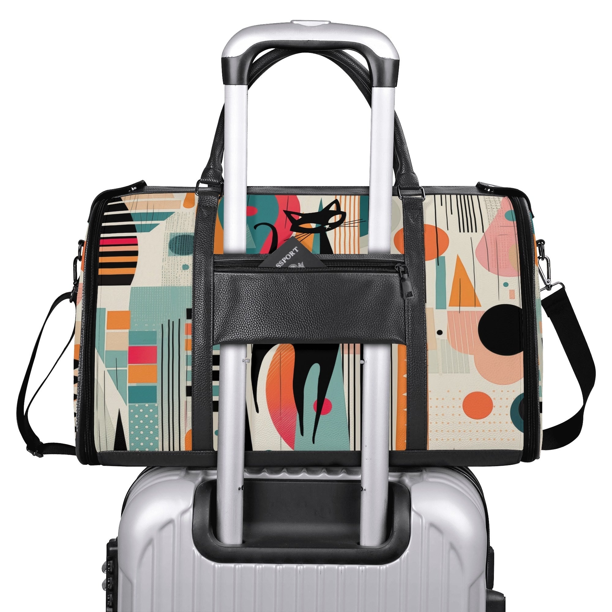 Kate McEnroe New York Atomic Cat Mid Century Modern Travel Bag, Retro 50s Geometric Duffel, Space Age Carry - OnDuffel BagsNM6439EW - 1