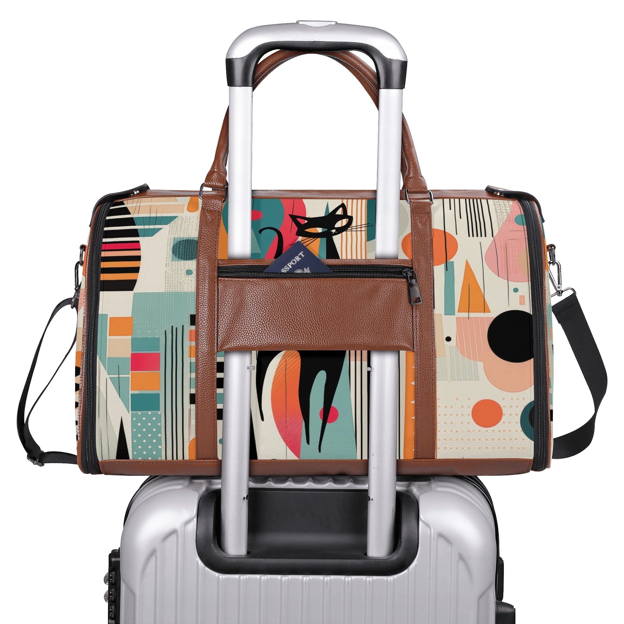 Kate McEnroe New York Atomic Cat Mid Century Modern Travel Bag, Retro 50s Geometric Duffel, Space Age Carry - OnDuffel BagsNM6439EW - 1