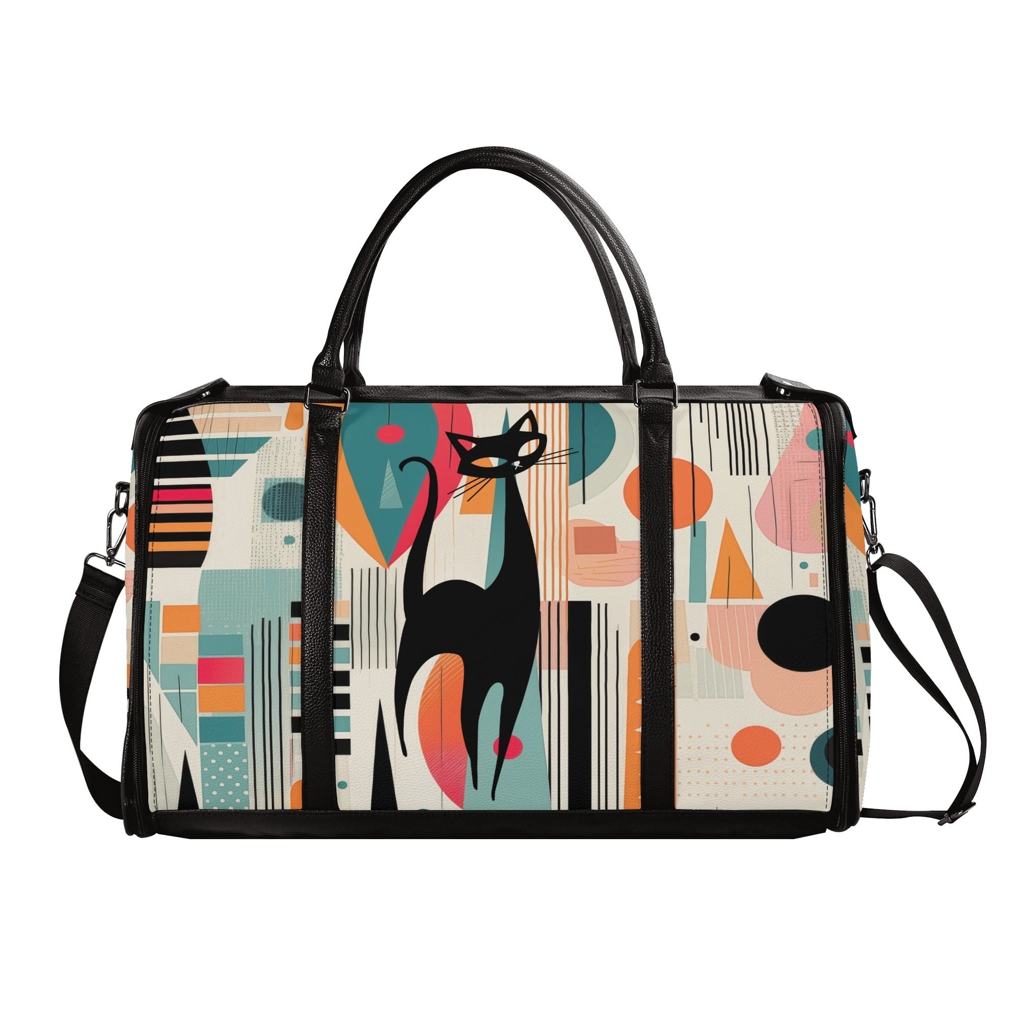 Kate McEnroe New York Atomic Cat Mid Century Modern Travel Bag, Retro 50s Geometric Duffel, Space Age Carry - OnDuffel BagsNM6439EW - 2