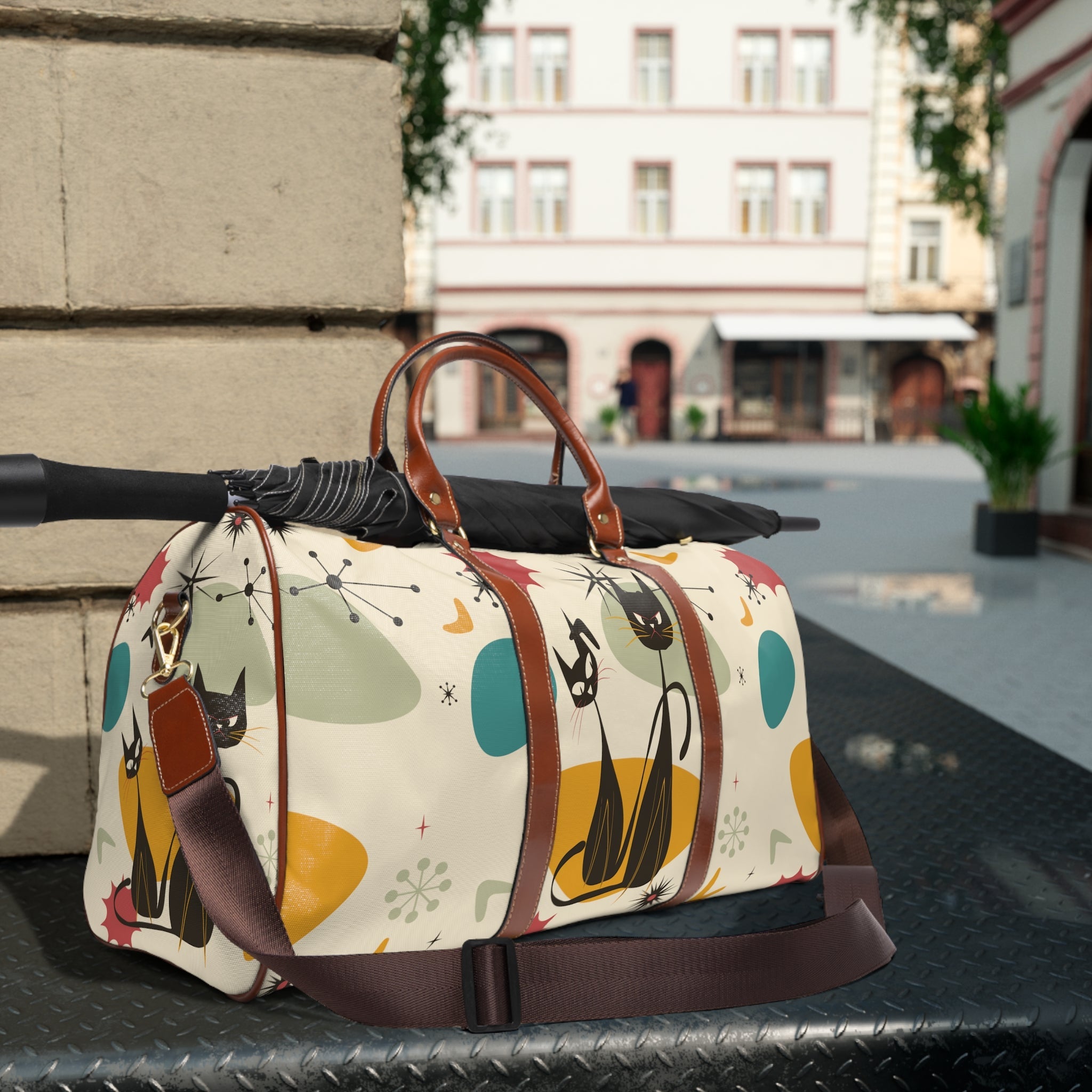 Kate McEnroe New York Atomic Cat Mid Century Modern Travel Bag, Retro Boomerang Starburst Weekender Carry on BagDuffel Bags28669903003883119640