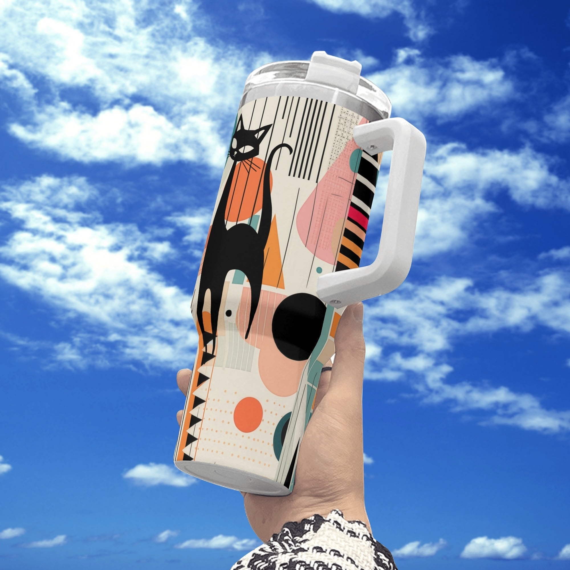 Kate McEnroe New York Atomic Cat Mid Century Modern Tumbler, Retro Abstract Geometric Drinkware, MCM Kitsch Coffee Cup, 50s Style Travel MugTumblersWX12067W - 1