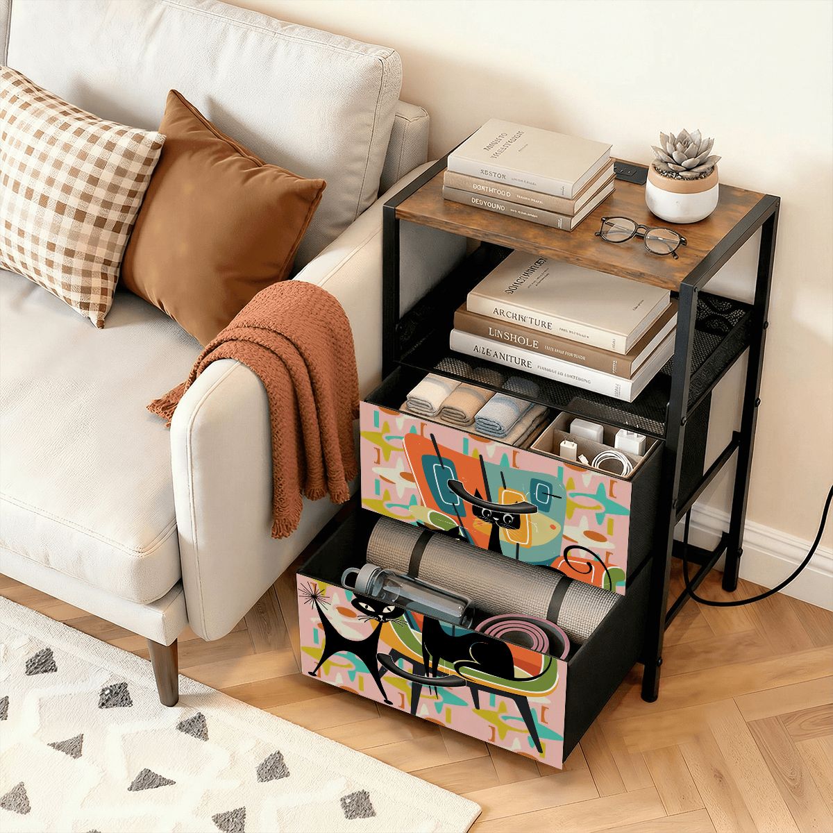 Kate McEnroe New York Atomic Cat Mid Century Nightstand 2 Drawer Charging Bedside TableNightStandshV2rMkqebE