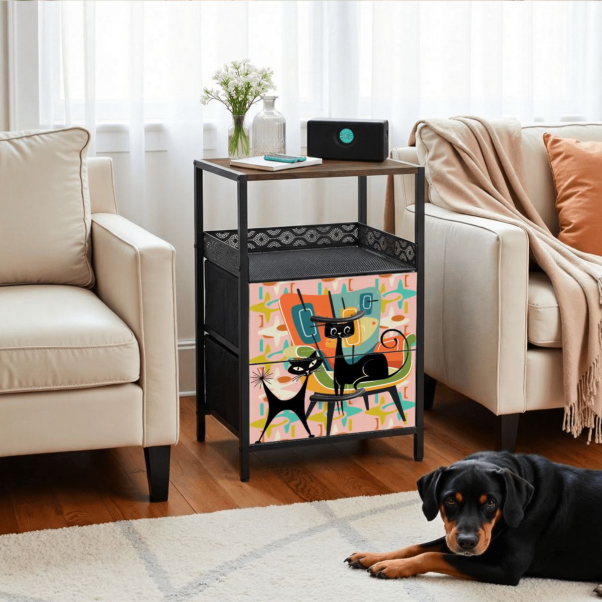 Kate McEnroe New York Atomic Cat Mid Century Nightstand 2 Drawer Charging Bedside TableNightStandshV2rMkqebE