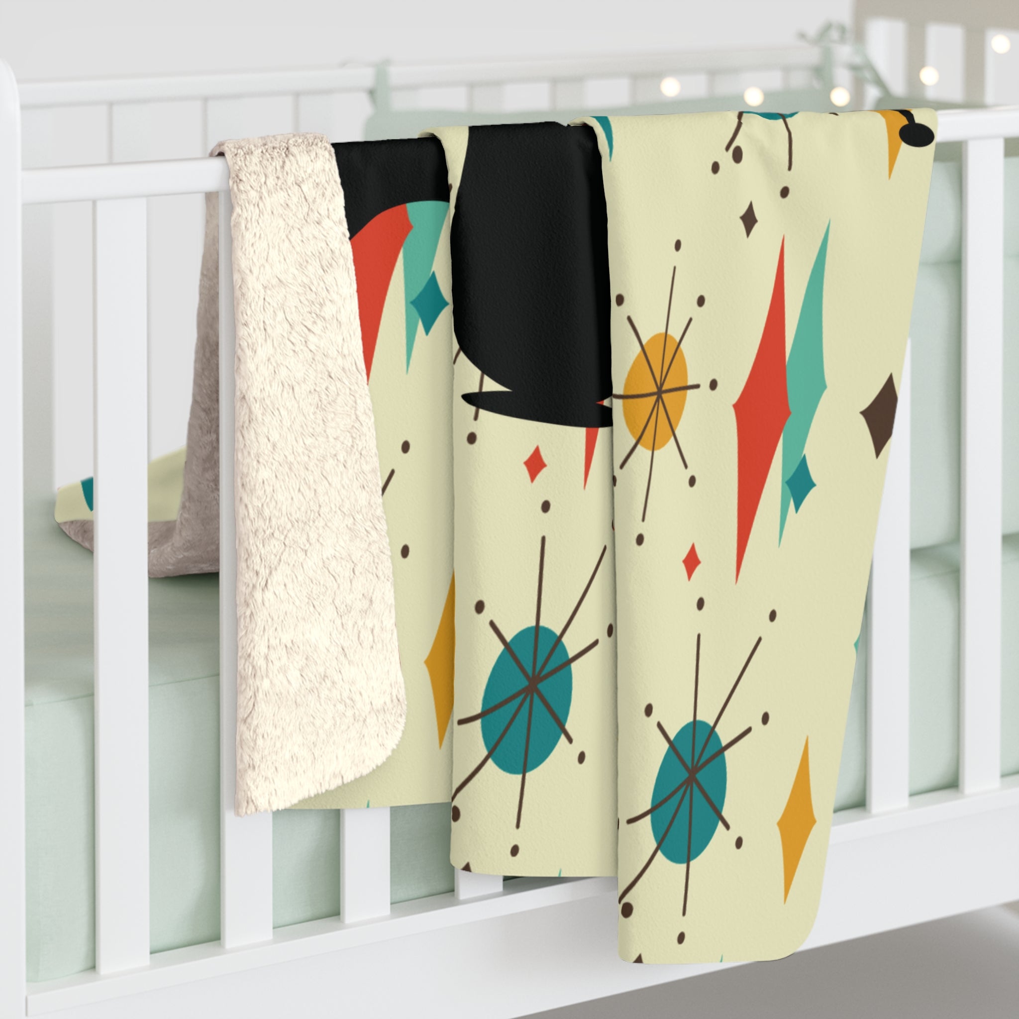 Kate McEnroe New York Atomic Cat Mid Century Sherpa Fleece Blanket, Retro Franciscan Starburst Throw, Cozy MCM Cat BlanketBlankets14205907178701339322