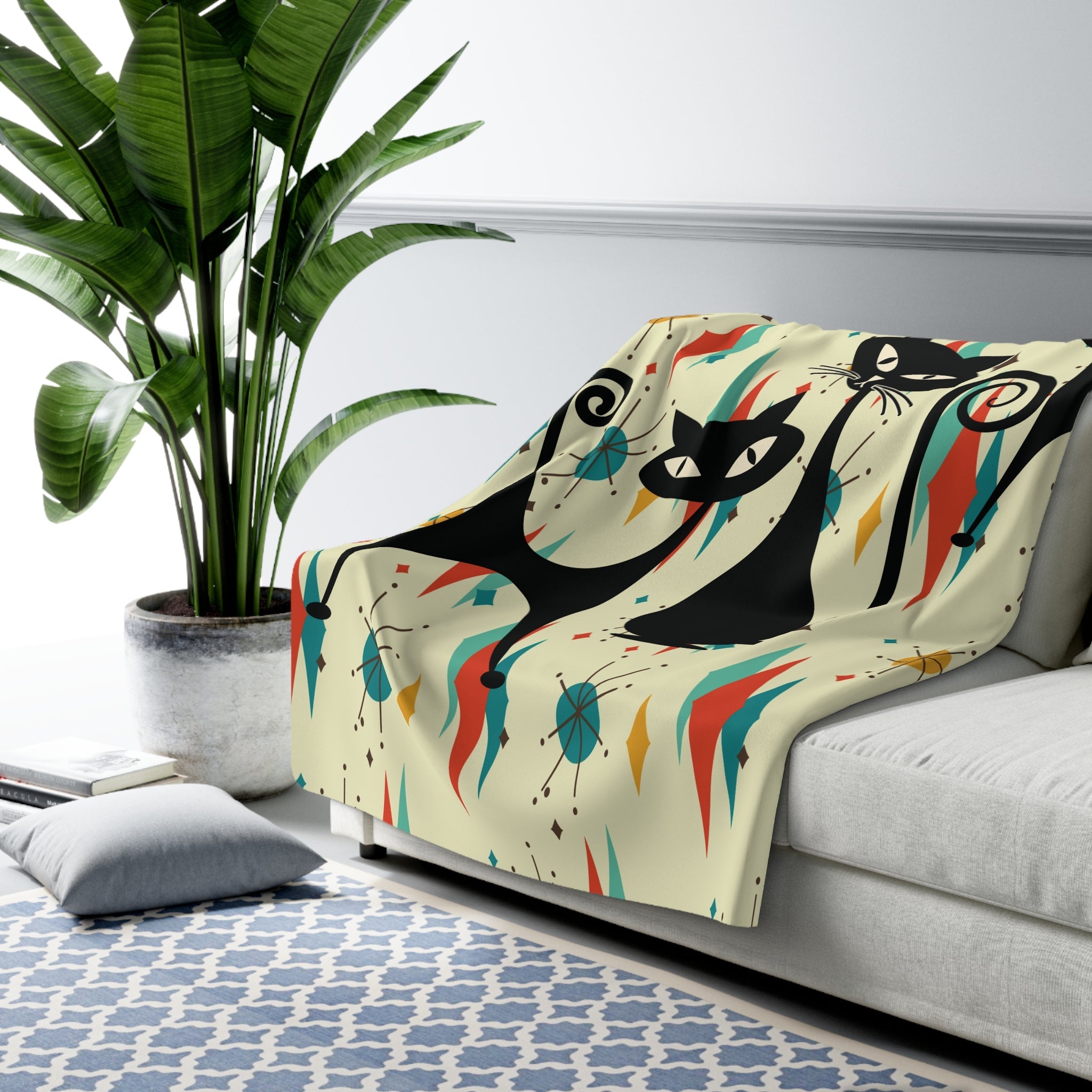 Kate McEnroe New York Atomic Cat Mid Century Sherpa Fleece Blanket, Retro Franciscan Starburst Throw, Cozy MCM Cat BlanketBlankets14205907178701339322