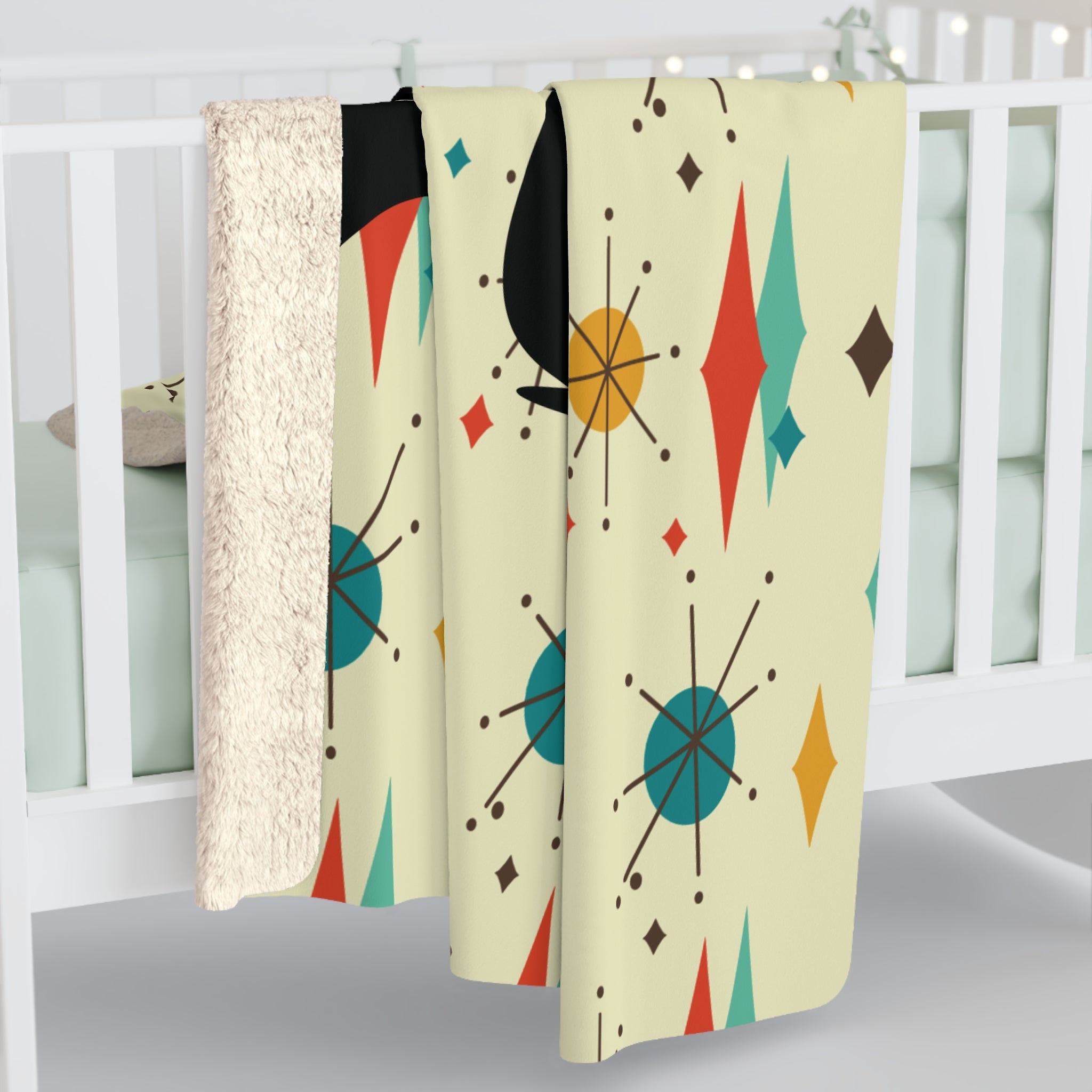 Kate McEnroe New York Atomic Cat Mid Century Sherpa Fleece Blanket, Retro Franciscan Starburst Throw, Cozy MCM Cat BlanketBlankets14205907178701339322