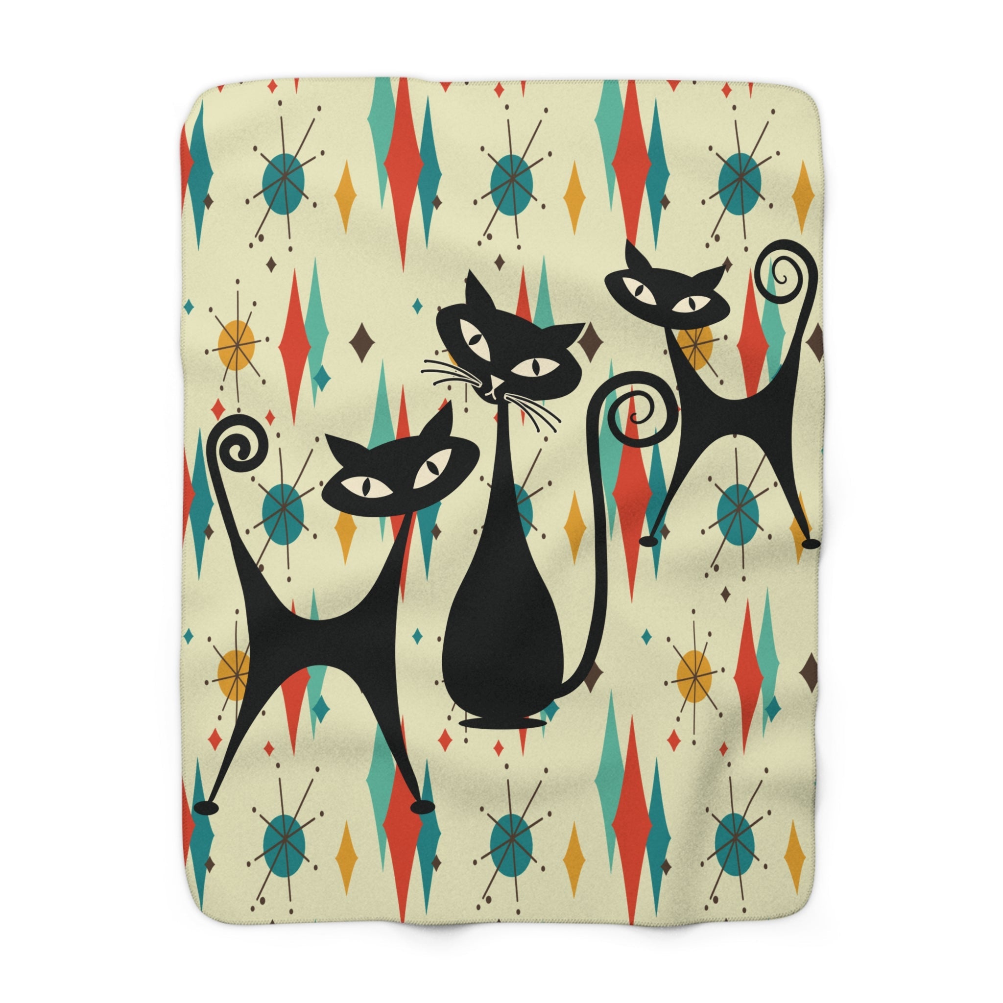 Kate McEnroe New York Atomic Cat Mid Century Sherpa Fleece Blanket, Retro Franciscan Starburst Throw, Cozy MCM Cat BlanketBlankets14205907178701339322