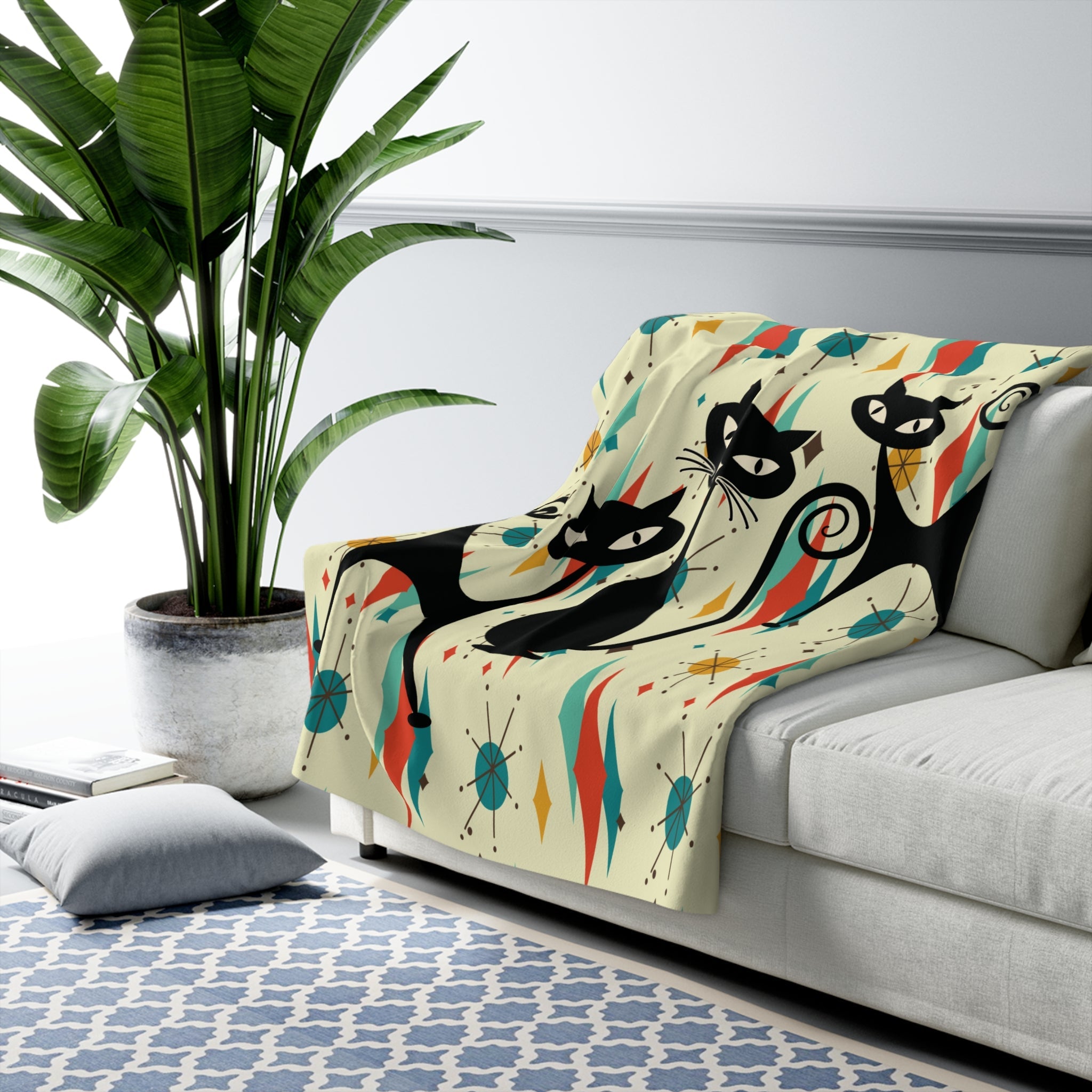 Kate McEnroe New York Atomic Cat Mid Century Sherpa Fleece Blanket, Retro Franciscan Starburst Throw, Cozy MCM Cat BlanketBlankets47174059795759210777
