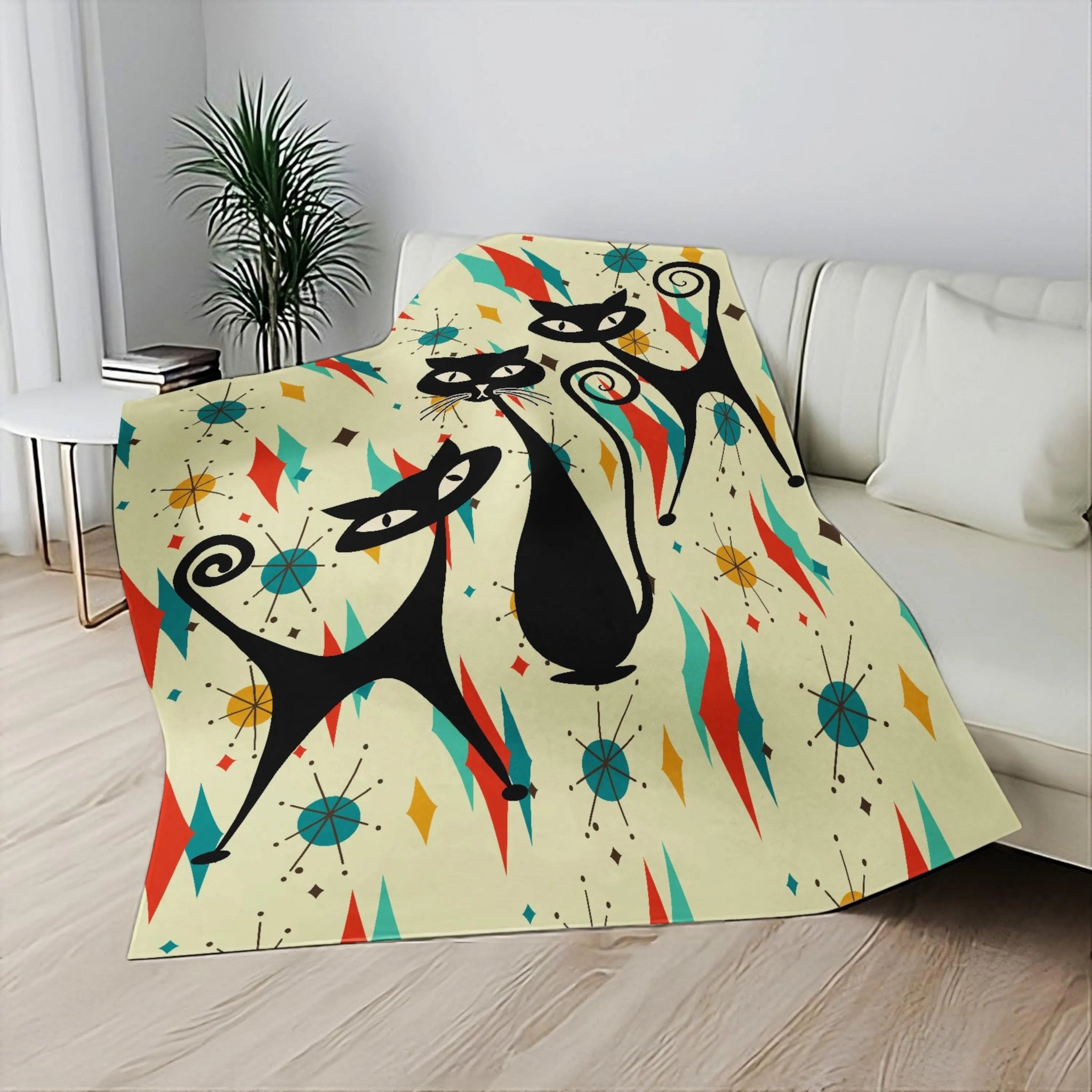 Kate McEnroe New York Atomic Cat Mid Century Sherpa Fleece Blanket, Retro Franciscan Starburst Throw, Cozy MCM Cat BlanketBlankets47174059795759210777