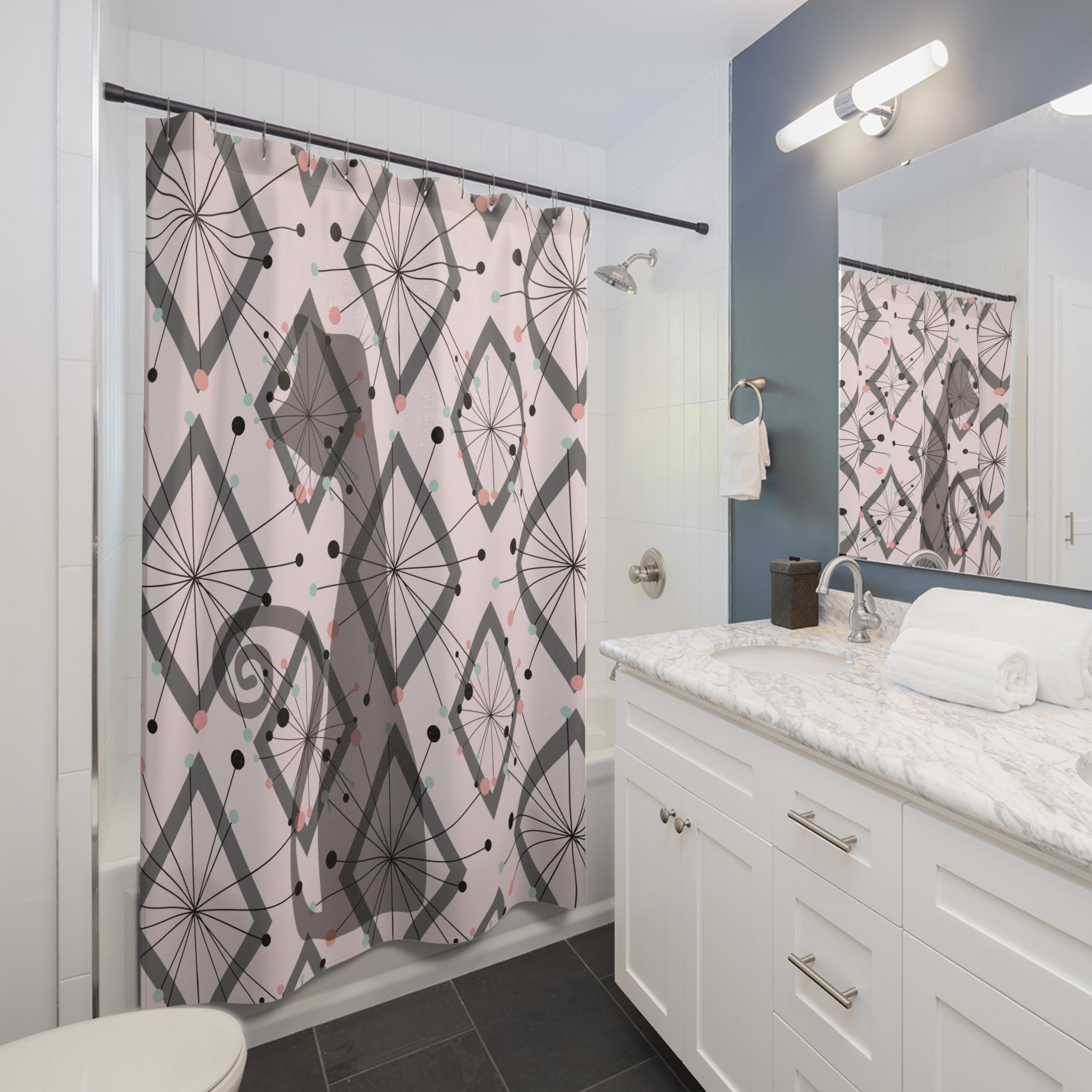 Kate McEnroe New York Atomic Cat Mid Century Shower Curtain, Retro Diamond Starburst Bathroom Decor, 50s Kitsch Mod Home AccentShower Curtains16859951570837239276