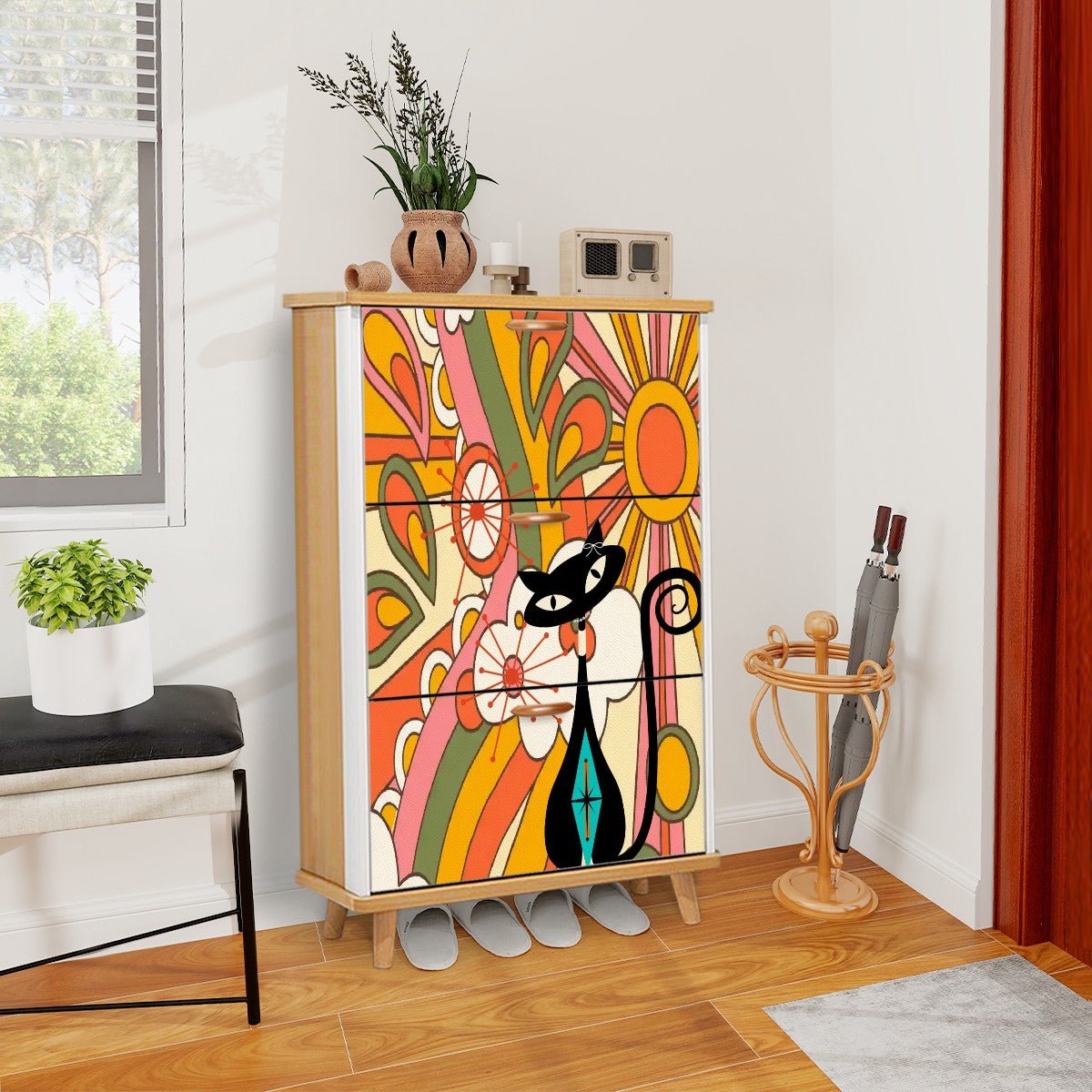 Kate McEnroe New York Atomic Cat Mid Mod Groovy Sunrise Shoe Cabinet, Retro Kitsch Sunburst Organizer, 70s MCM Storage FurnitureShoe Storagej4k1VxY6cC