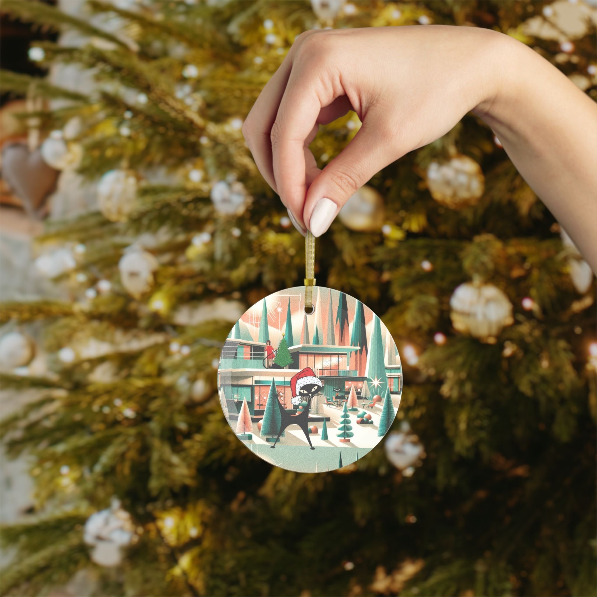 Kate McEnroe New York Atomic Cat Mod Christmas Glass Ornament, Mid Century Modern Holiday Tree Accent, Retro 50s Festive MCM DecorationOrnaments12628235345574155421