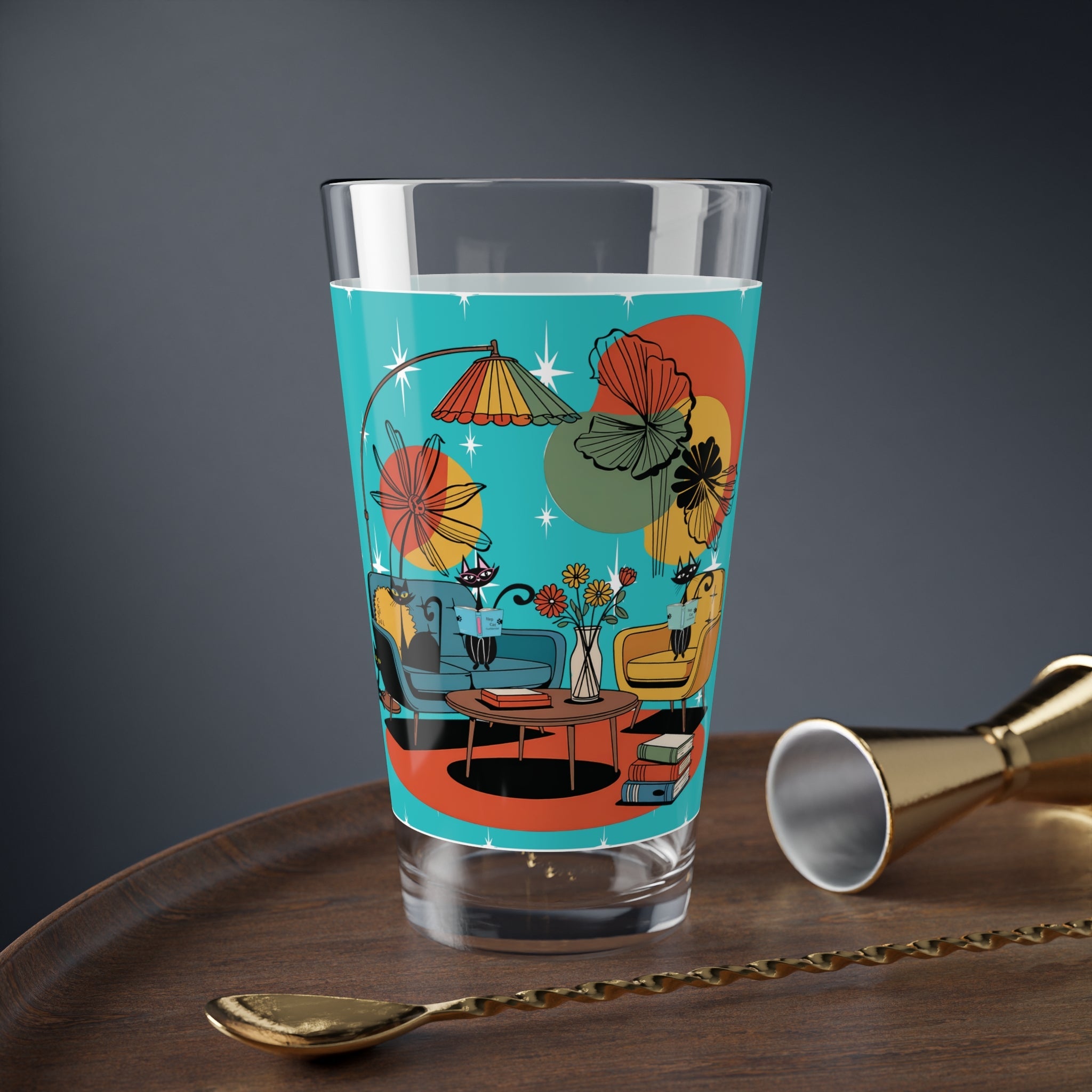Kate McEnroe New York Atomic Cat Mod Reading Nook Pint Glass, Mid Century Modern Retro Cocktail Barware, 1950s Kitsch Lounge DrinkwarePint Glasses15395587434919644152