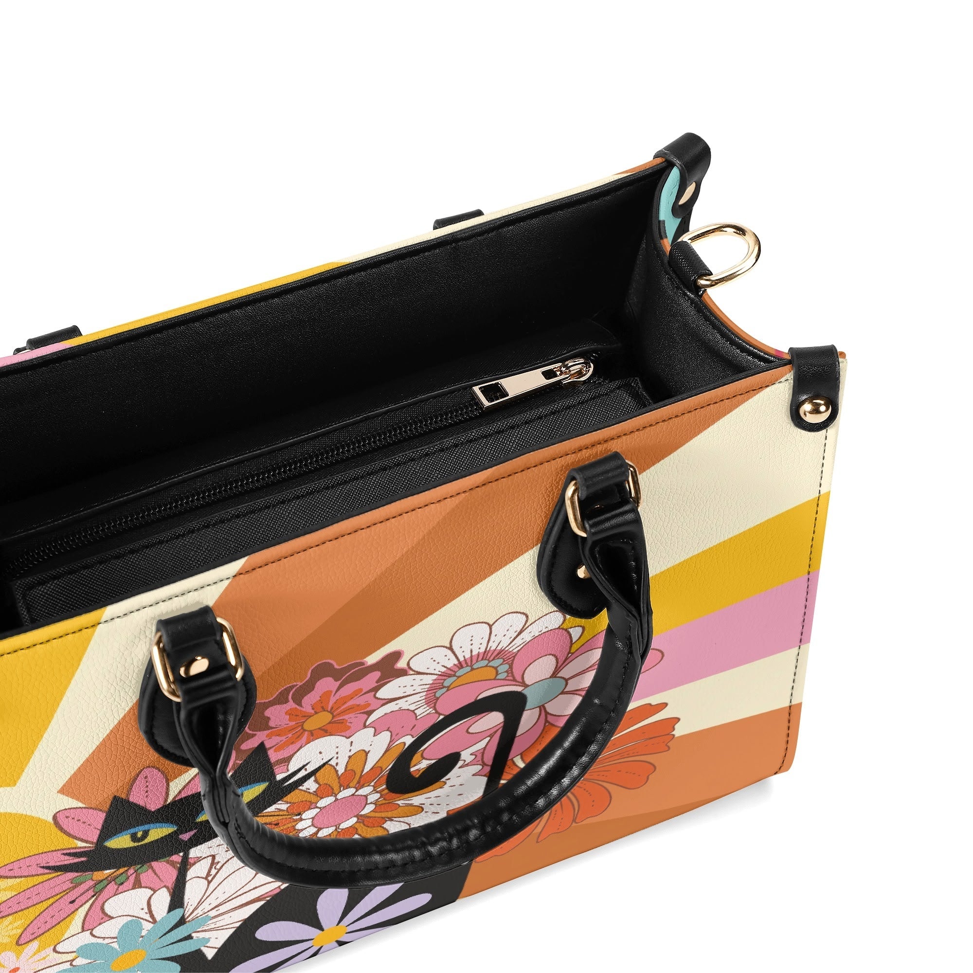 Kate McEnroe New York Atomic Cat Mod Sunburst Floral Satchel, Retro 60s Mid Century Modern Handbag, MCM Kitsch Black Cat PurseHandbagsNO5GZX0W - 1