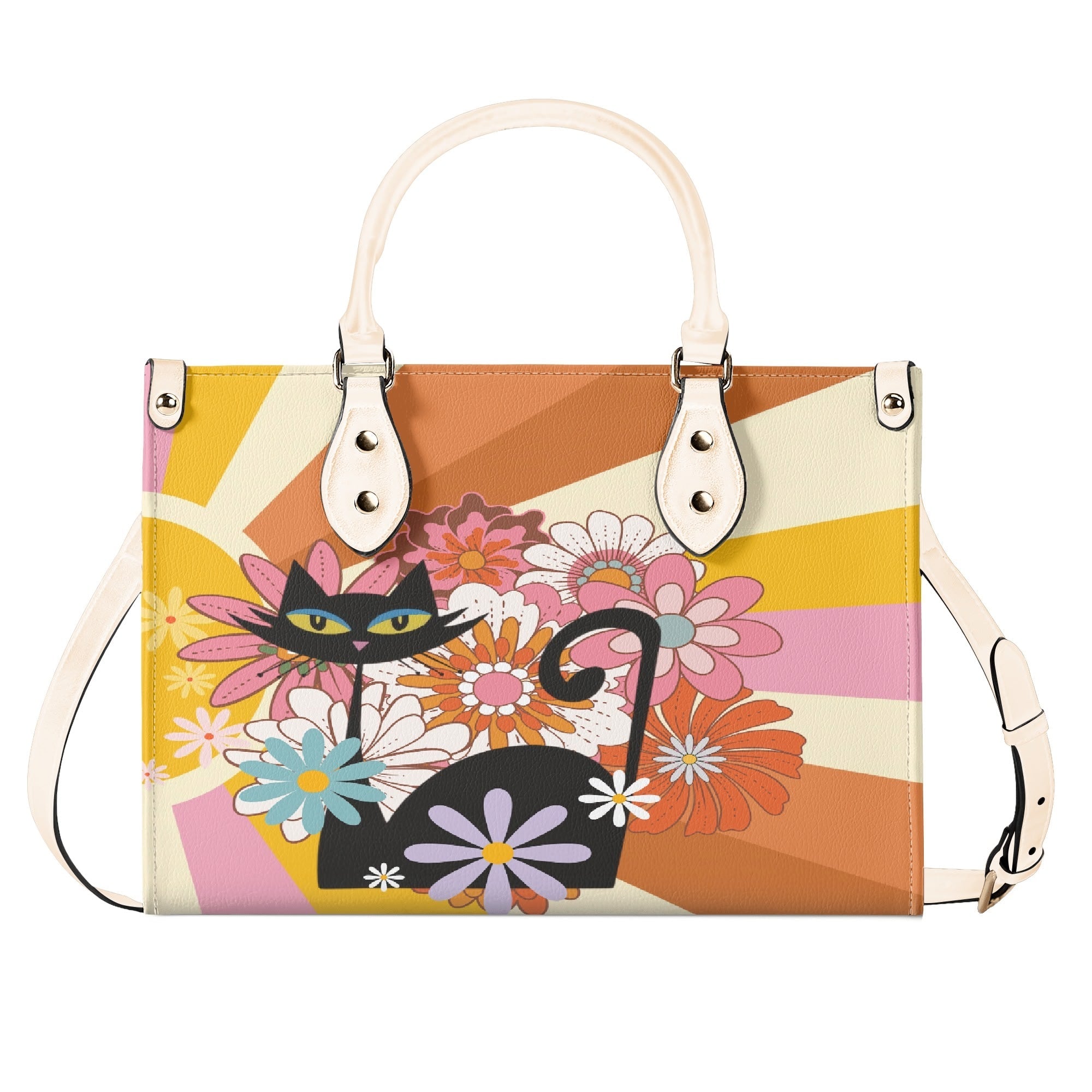 Kate McEnroe New York Atomic Cat Mod Sunburst Floral Satchel, Retro 60s Mid Century Modern Handbag, MCM Kitsch Black Cat PurseHandbagsNO5GZX0W - 1