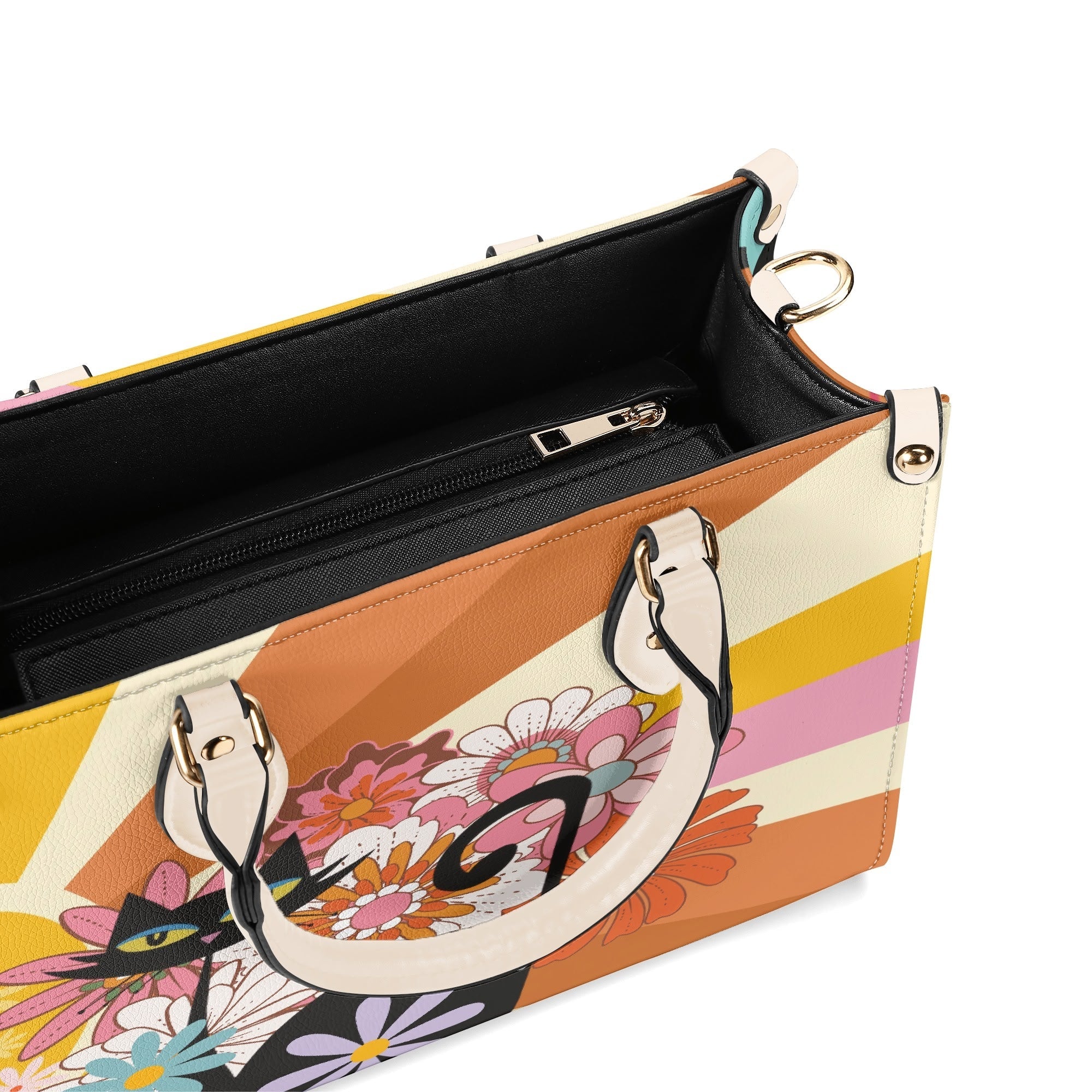 Kate McEnroe New York Atomic Cat Mod Sunburst Floral Satchel, Retro 60s Mid Century Modern Handbag, MCM Kitsch Black Cat PurseHandbagsNO5GZX0W - 1