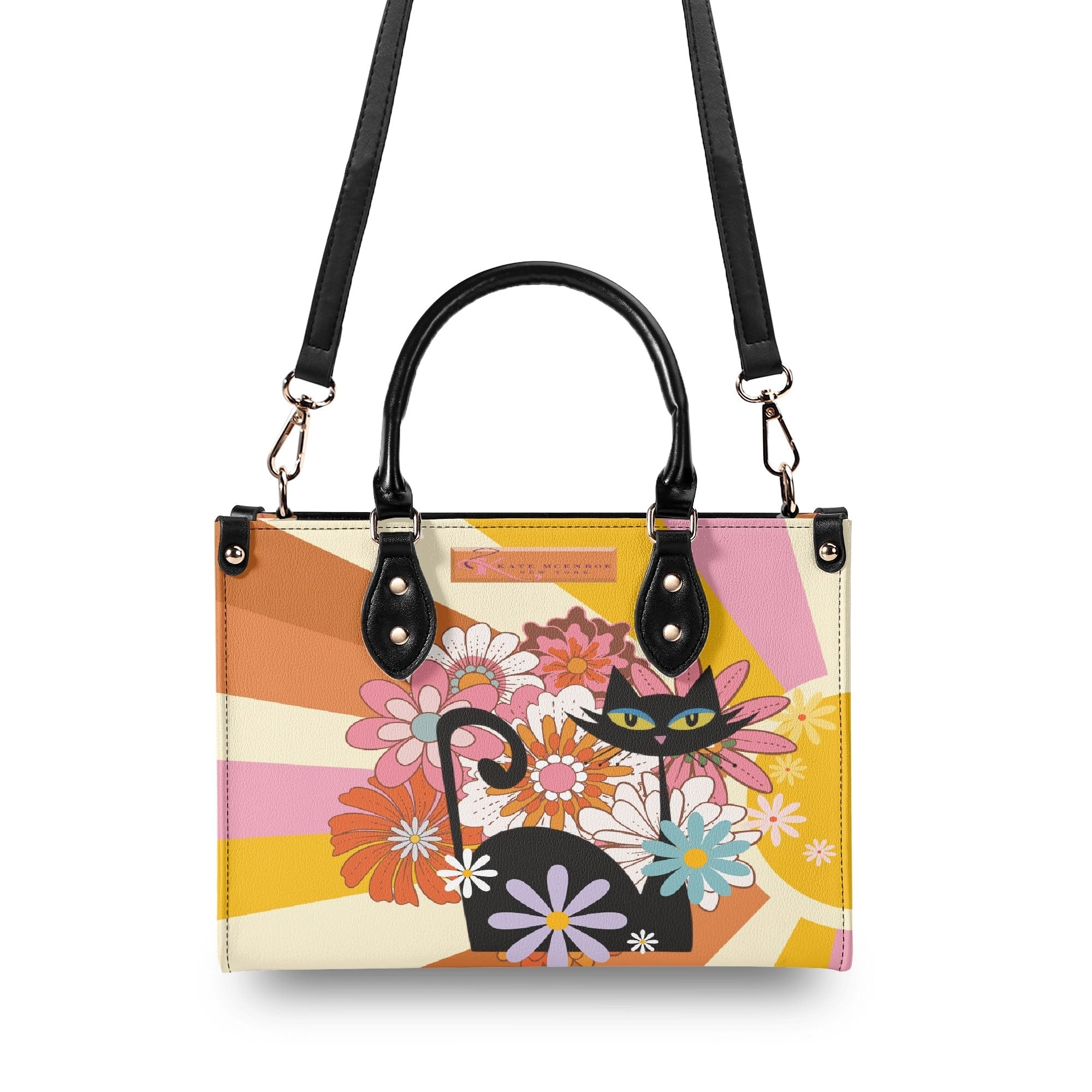 Kate McEnroe New York Atomic Cat Mod Sunburst Floral Satchel, Retro 60s Mid Century Modern Handbag, MCM Kitsch Black Cat PurseHandbagsNO5GZX0W - 1