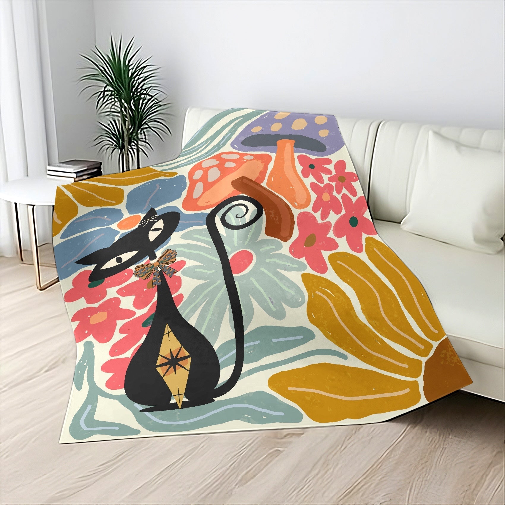 Kate McEnroe New York Atomic Cat Mushroom Sherpa Throw, Retro Floral Mid Century Modern BlanketBlankets15192322767813195099