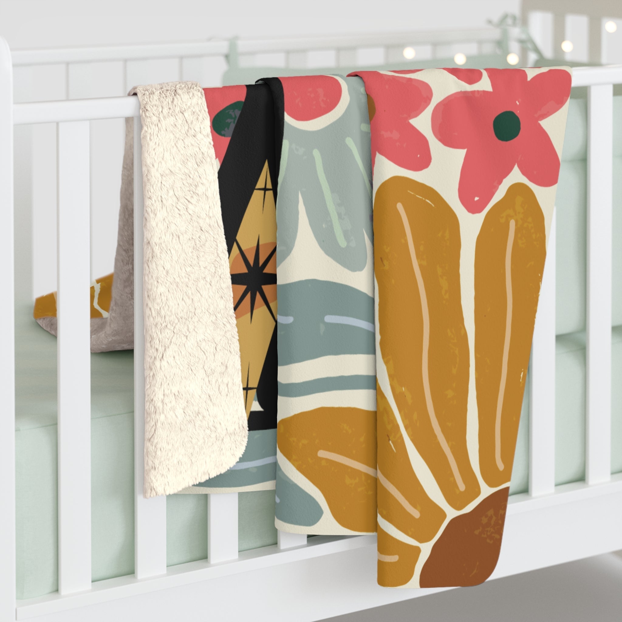 Kate McEnroe New York Atomic Cat Mushroom Sherpa Throw, Retro Floral Mid Century Modern BlanketBlankets15192322767813195099