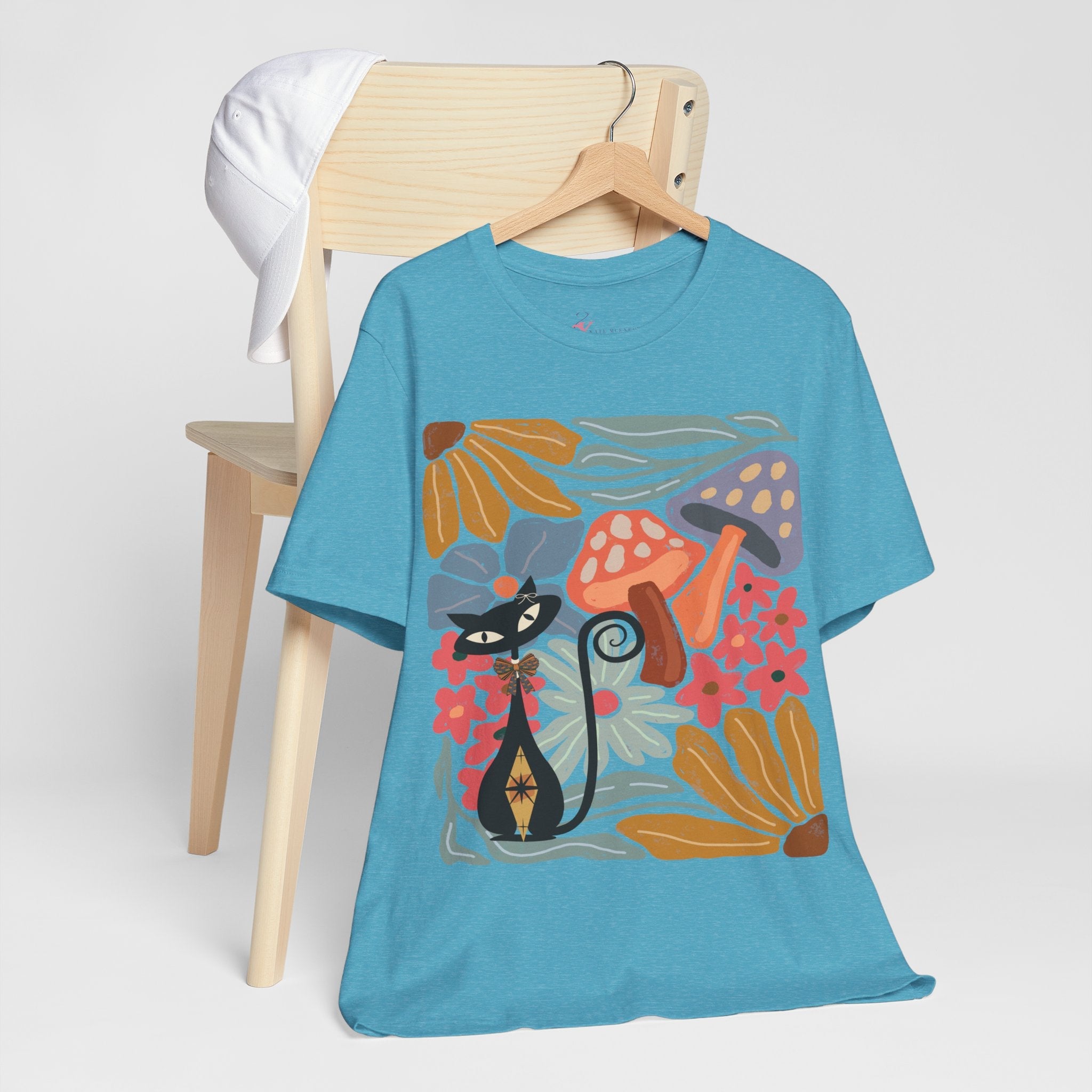 Kate McEnroe New York Atomic Cat Mushroom T-Shirt, Mid Century Modern Retro 70s Groovy Floral Graphic TeeT-Shirts10208566346449144923