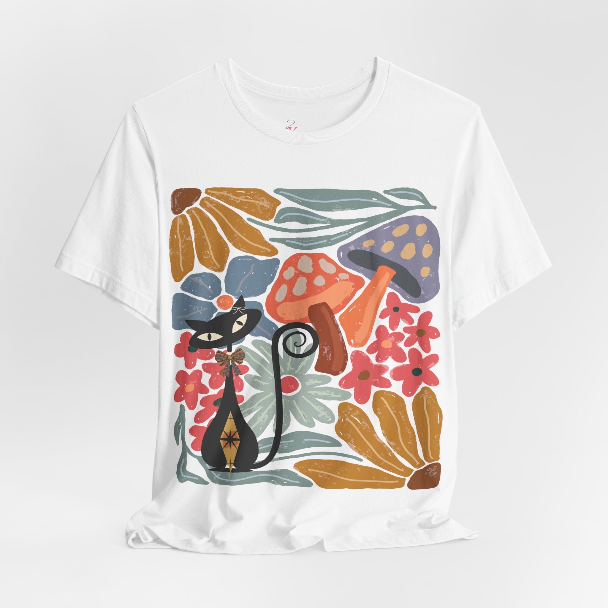 Kate McEnroe New York Atomic Cat Mushroom T-Shirt, Mid Century Modern Retro 70s Groovy Floral Graphic TeeT-Shirts10208566346449144923